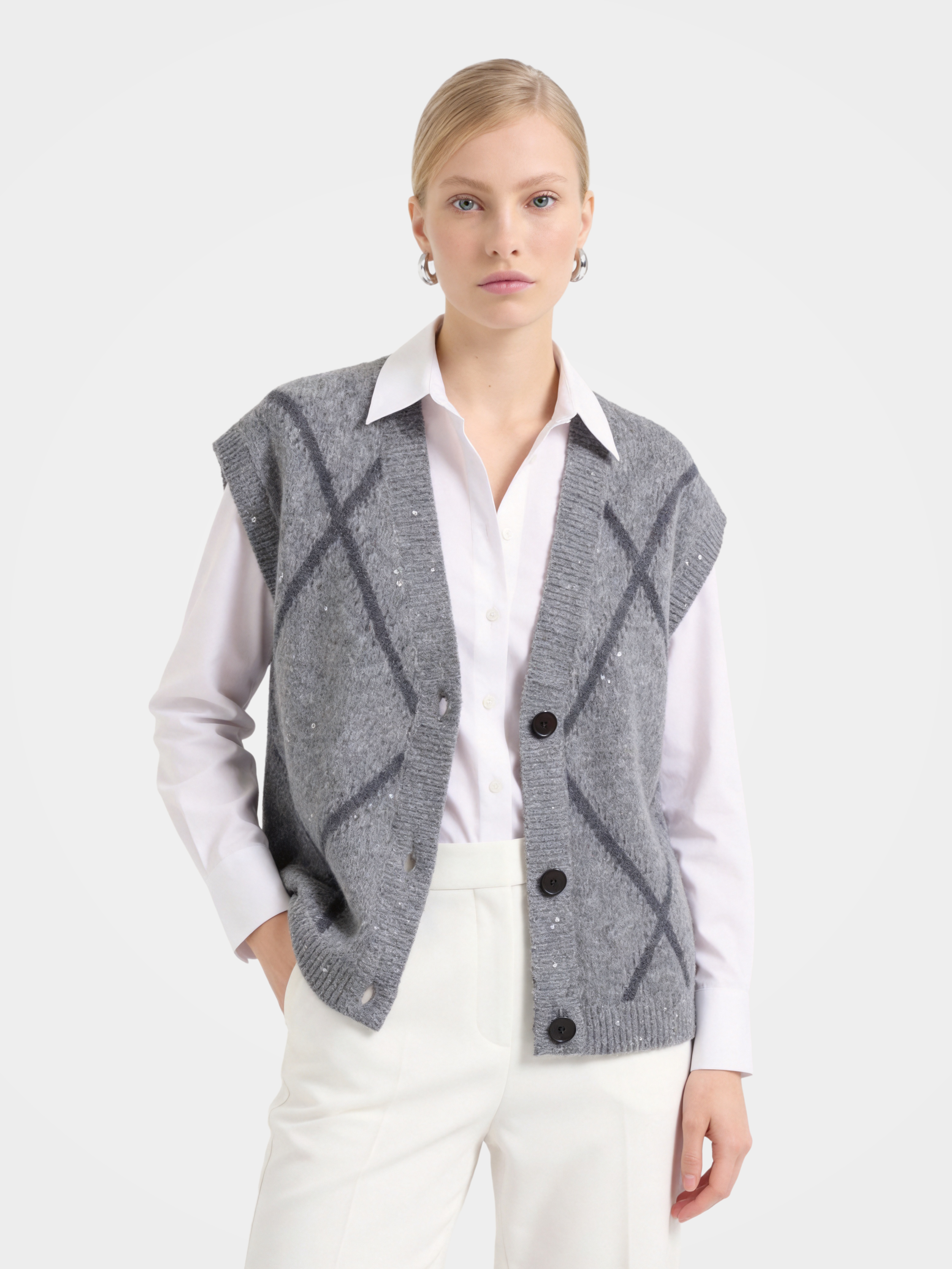 Textured Mongolian Cashmere Button Knit Vest Sequin Top