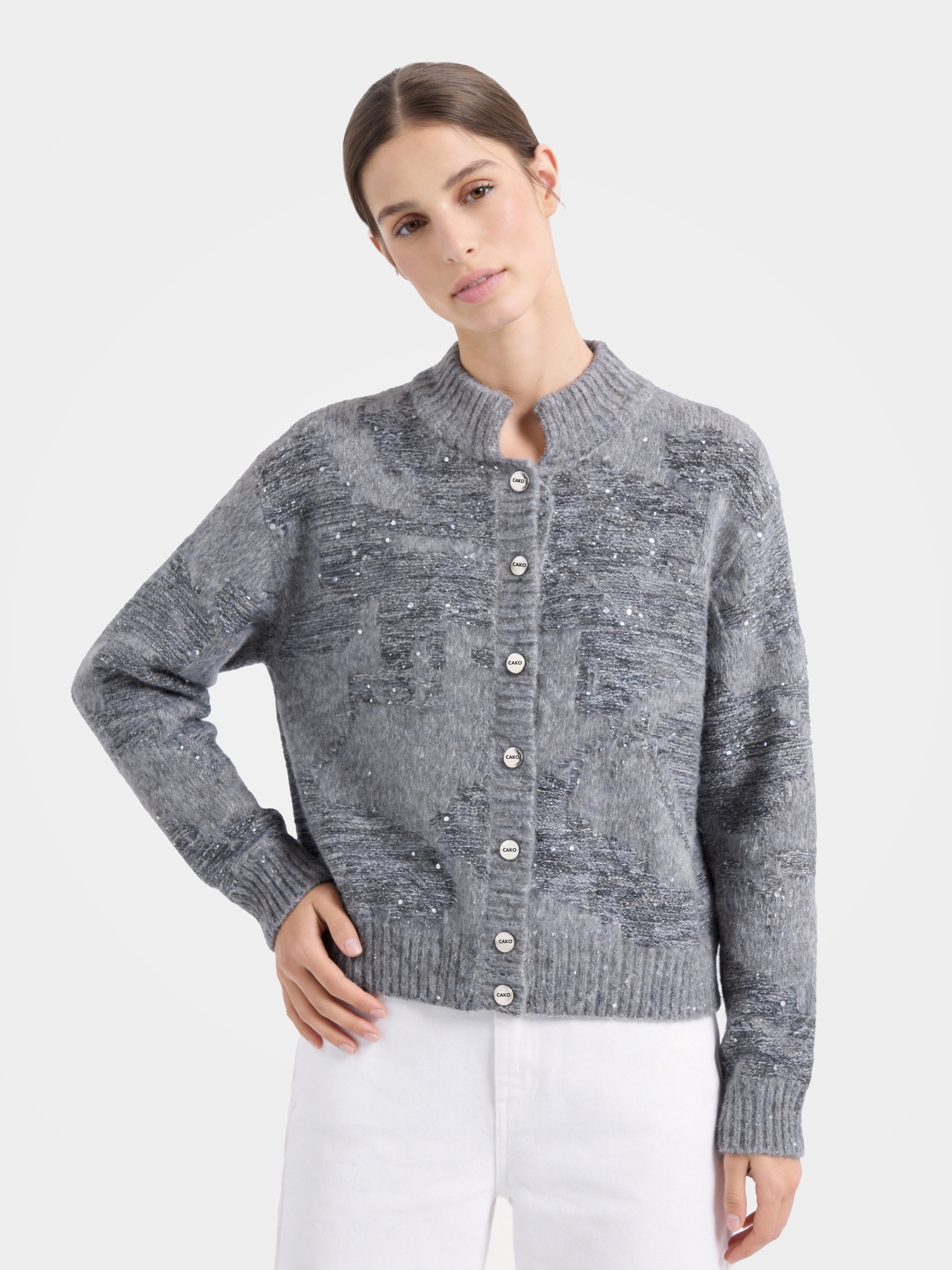 Textured Mongolian Cashmere Mock Neck Cable Knit Sequin Cardigan
