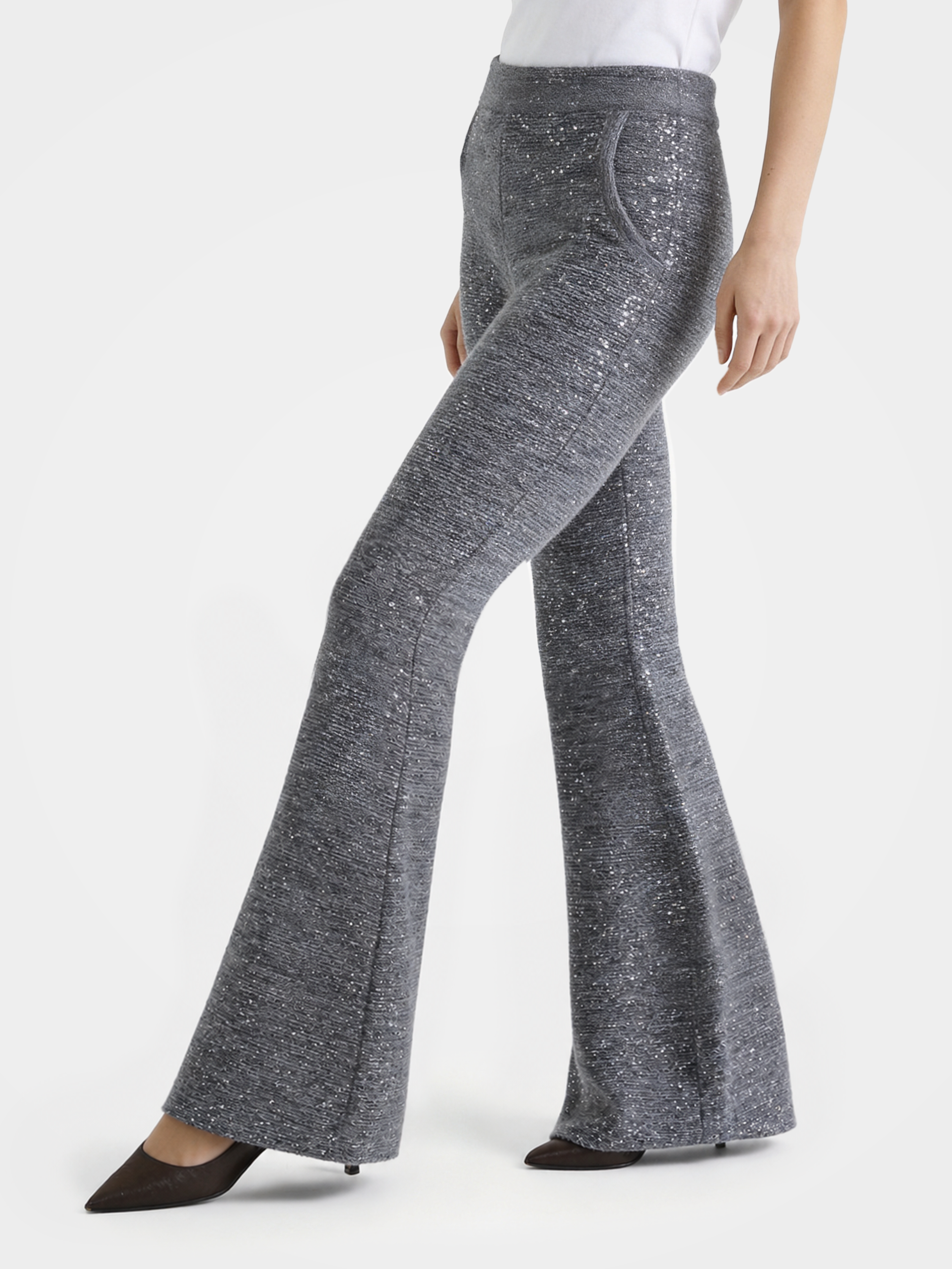 Sparkly Sequin Flare Leggings High Rise Knit Bell Bottom Pants