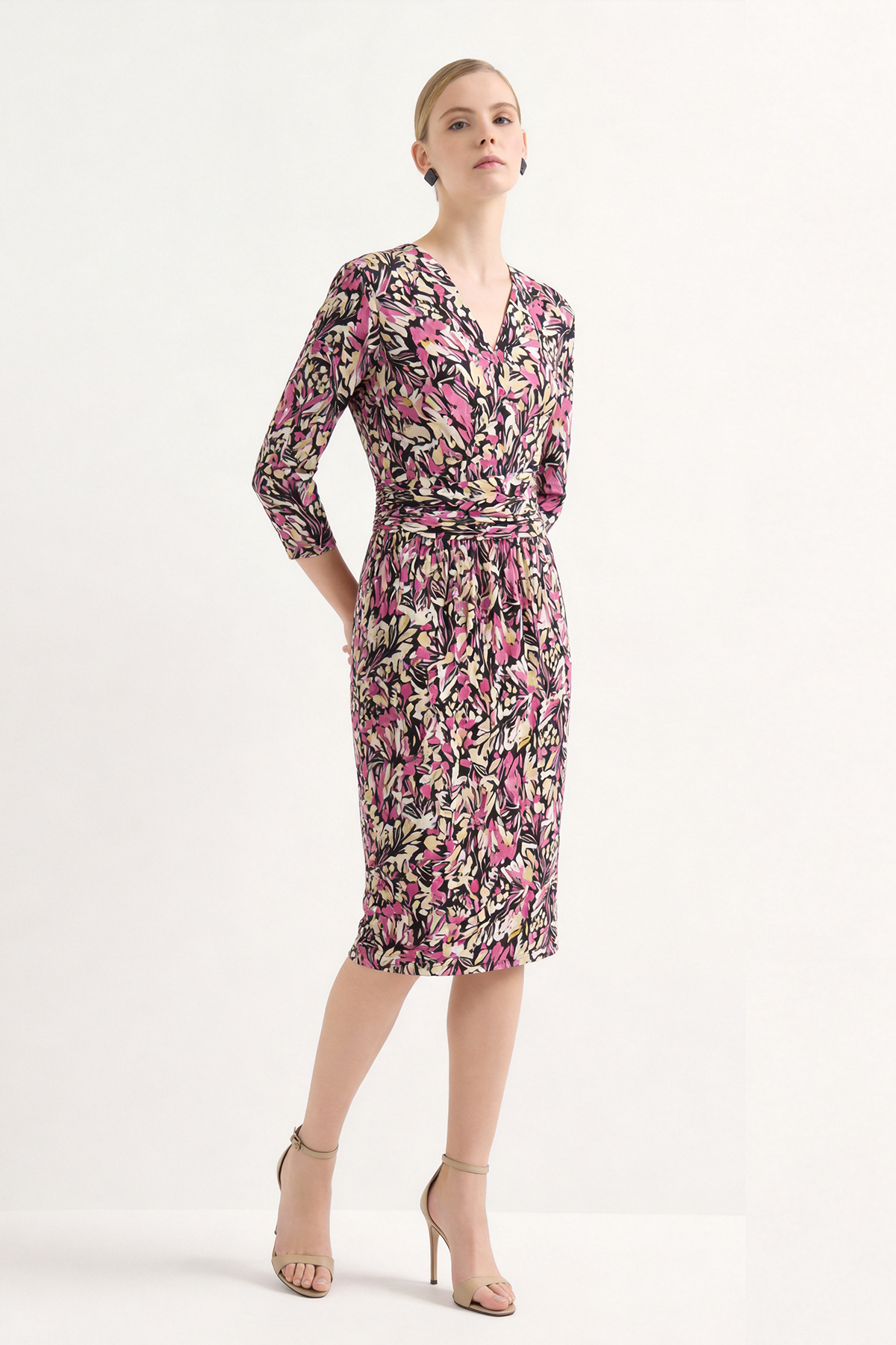 Fuchsia Silk Floral Print Knee-Length Dress