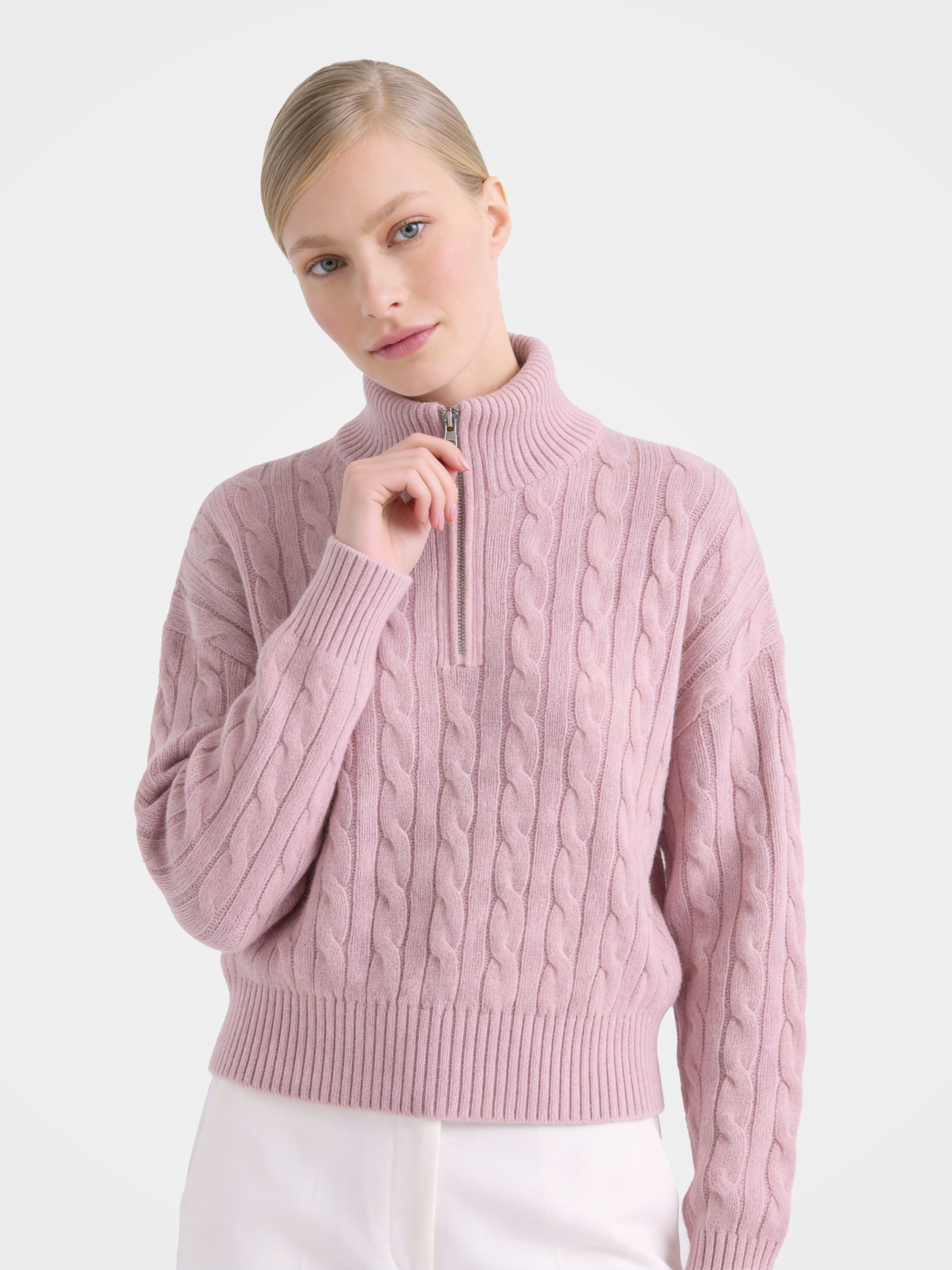 100% Mongolian Cashmere Cable Knit Half-Zip Polo Sweater
