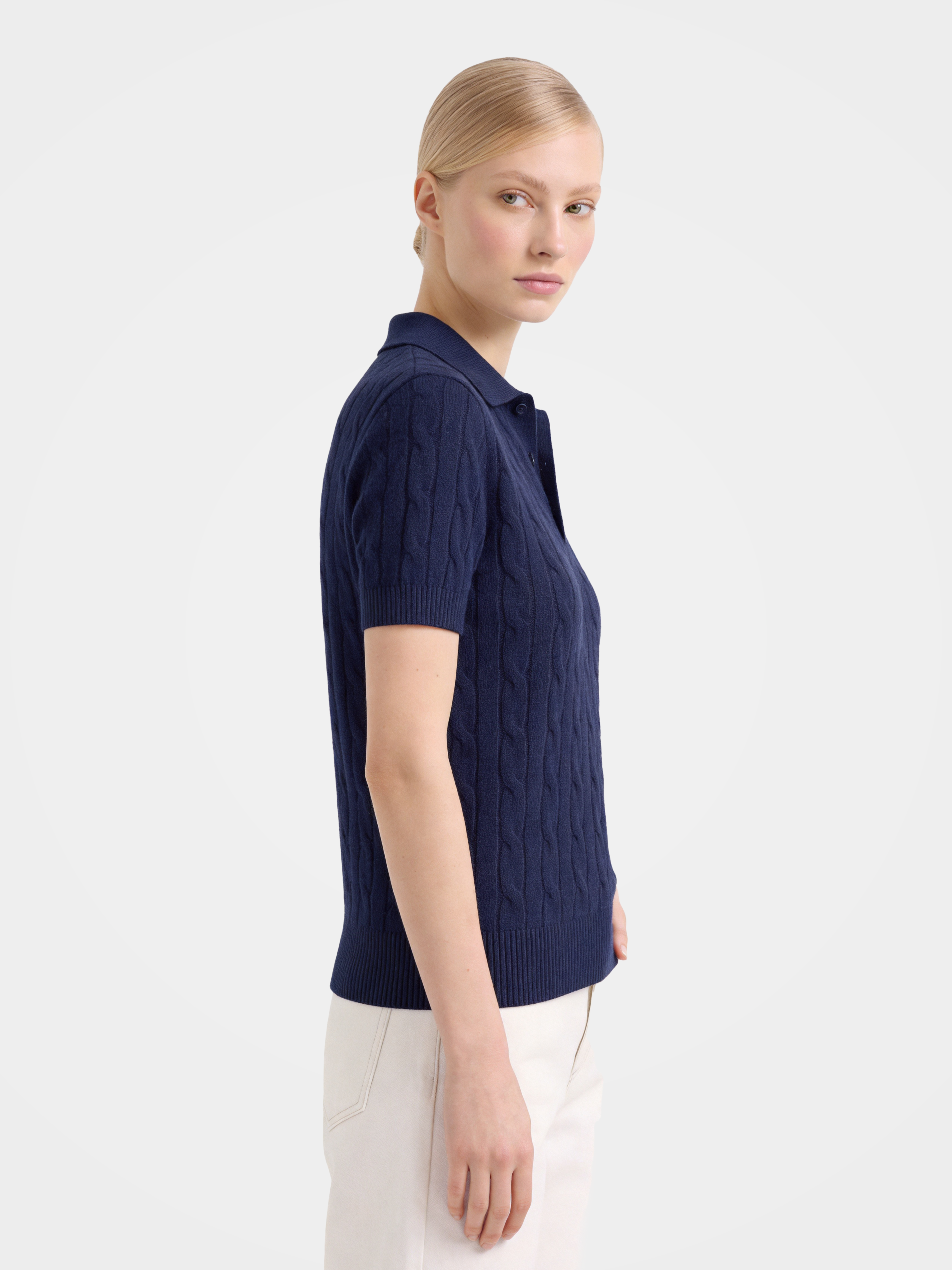 100% Mongolian Cashmere Cable Knit Short Sleeve Polo Sweater