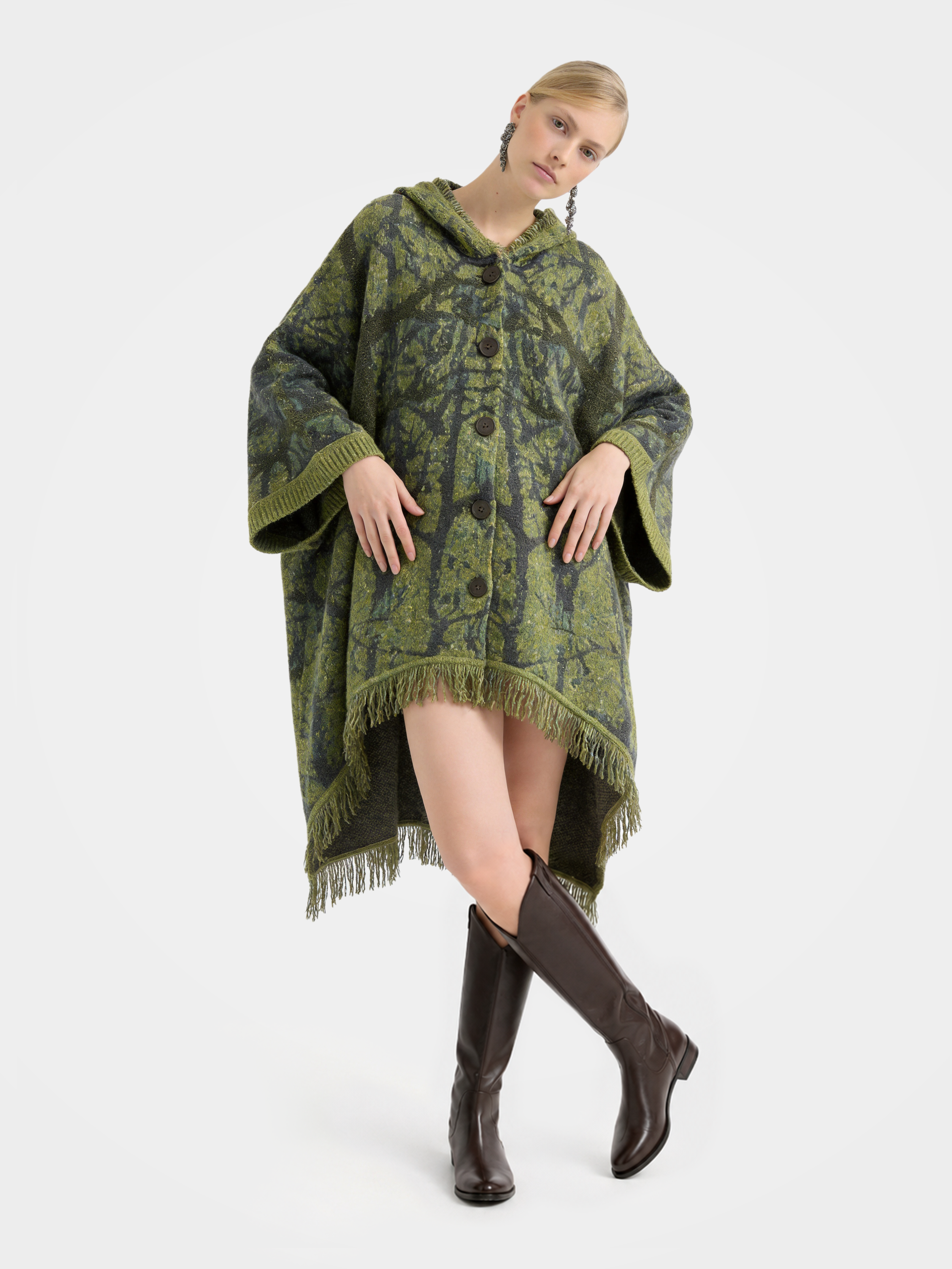 Textured Mongolian Cashmere Hoodie Knitted Fringe Sequin Poncho