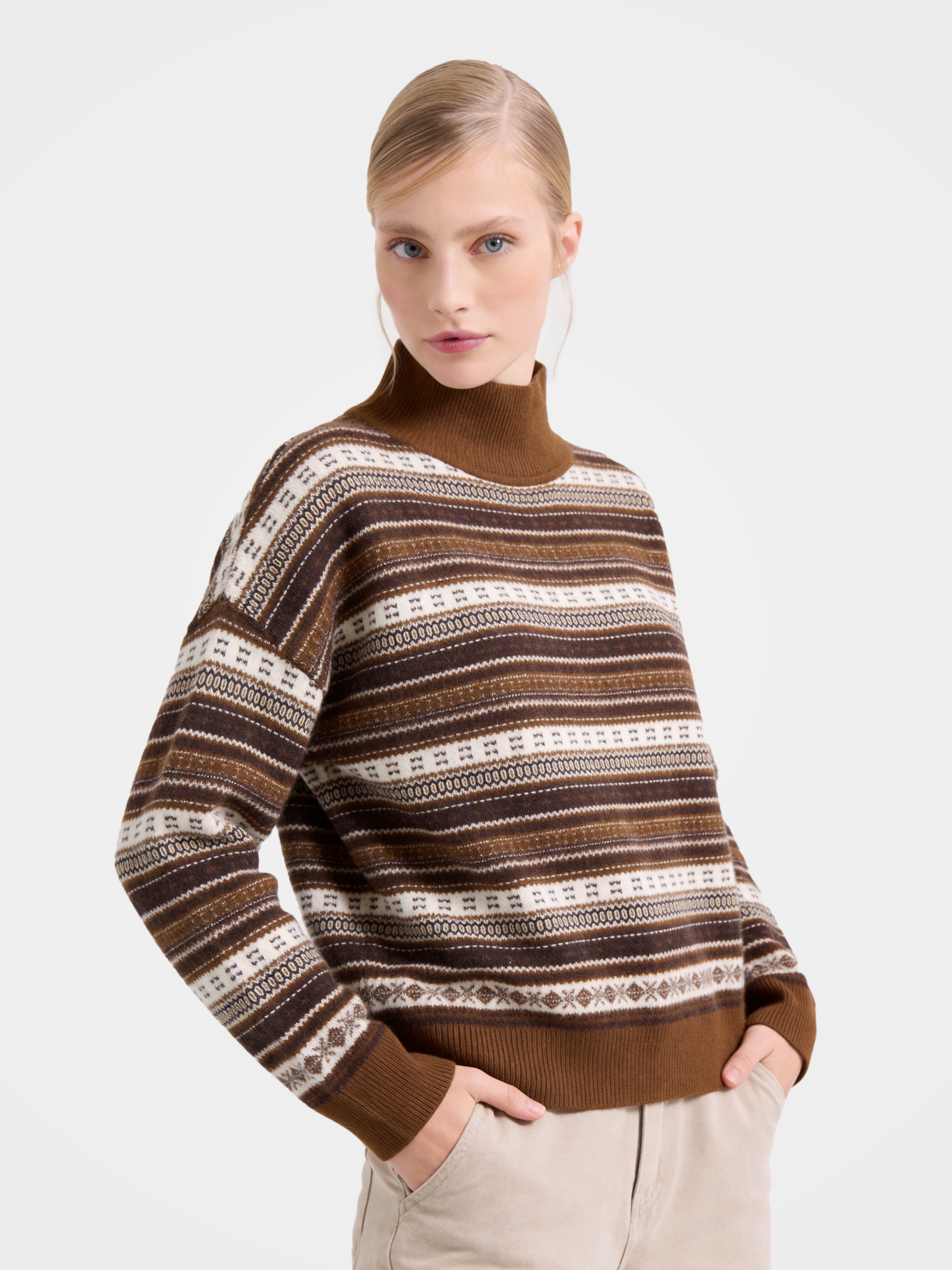 Pre-Order | 100% Cashmere Wool Mock Neck Sweater Soft Stripe Knit Pullover (10-14 Business Days)