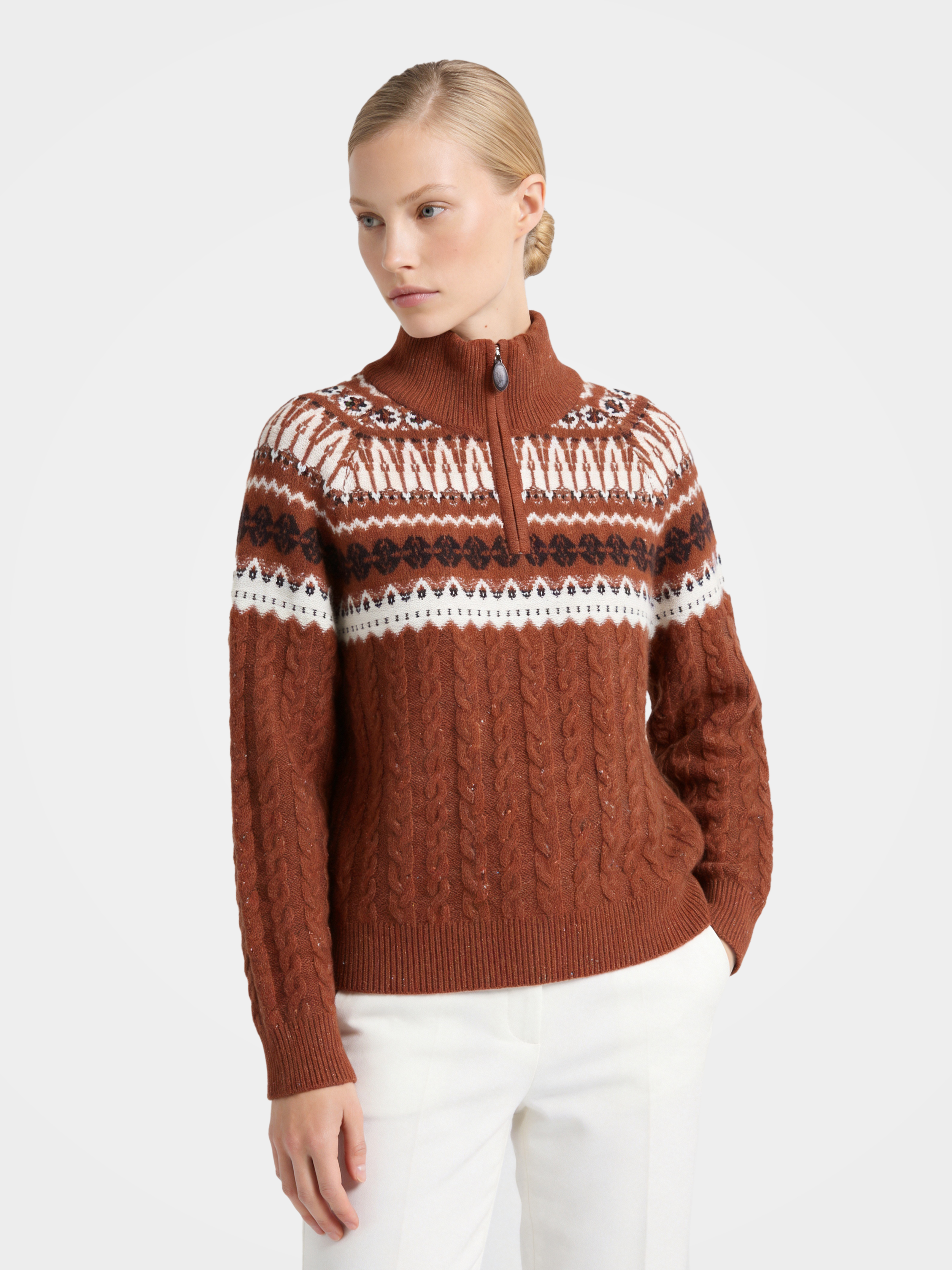 Pre-Order | 100% Cashmere Mock Neck Sweater Zip up Geometry Knit Pullover (10-14 Business Days)
