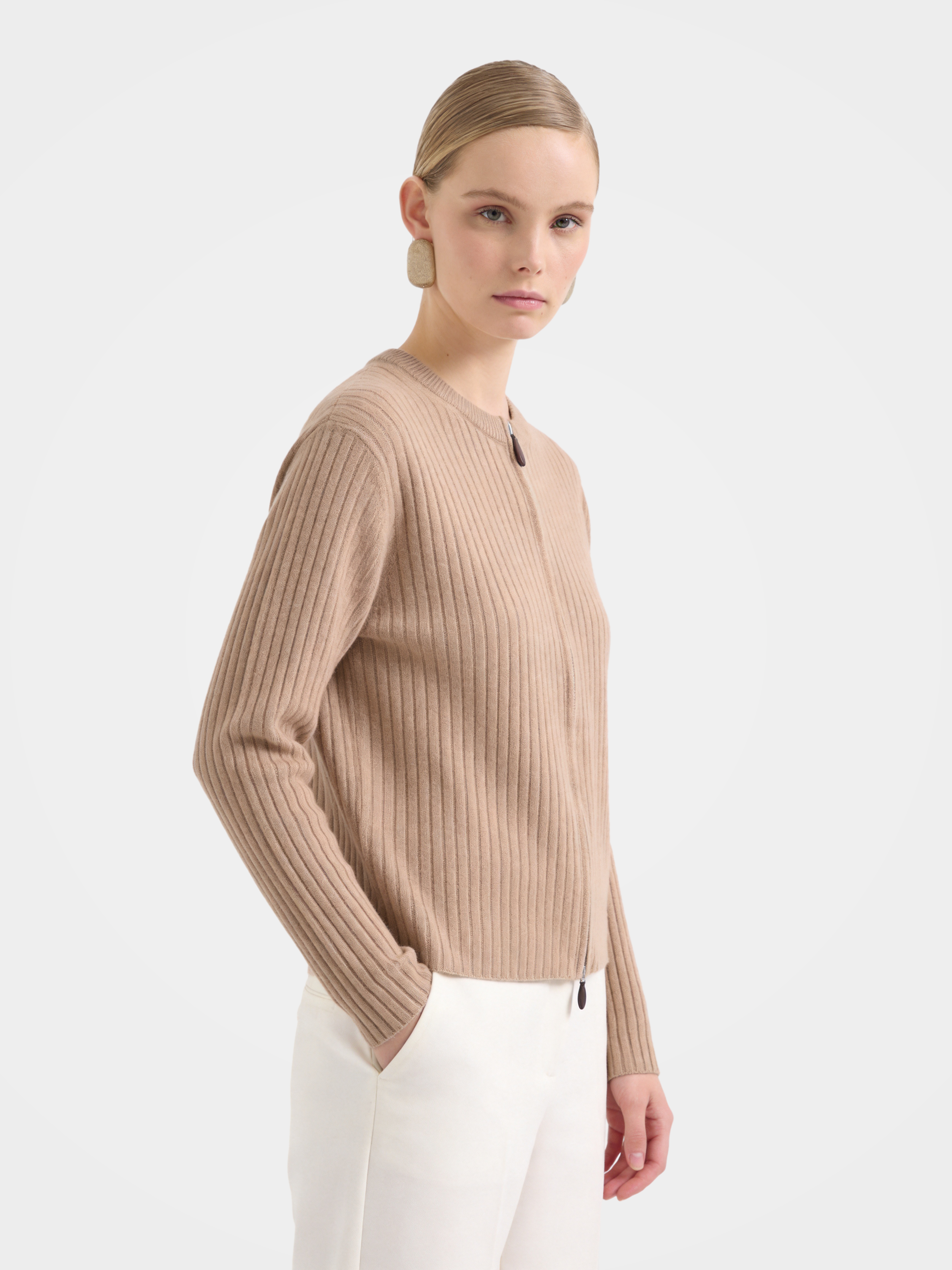 Textured 100% Mongolian Cashmere Knit Zip Cardigan