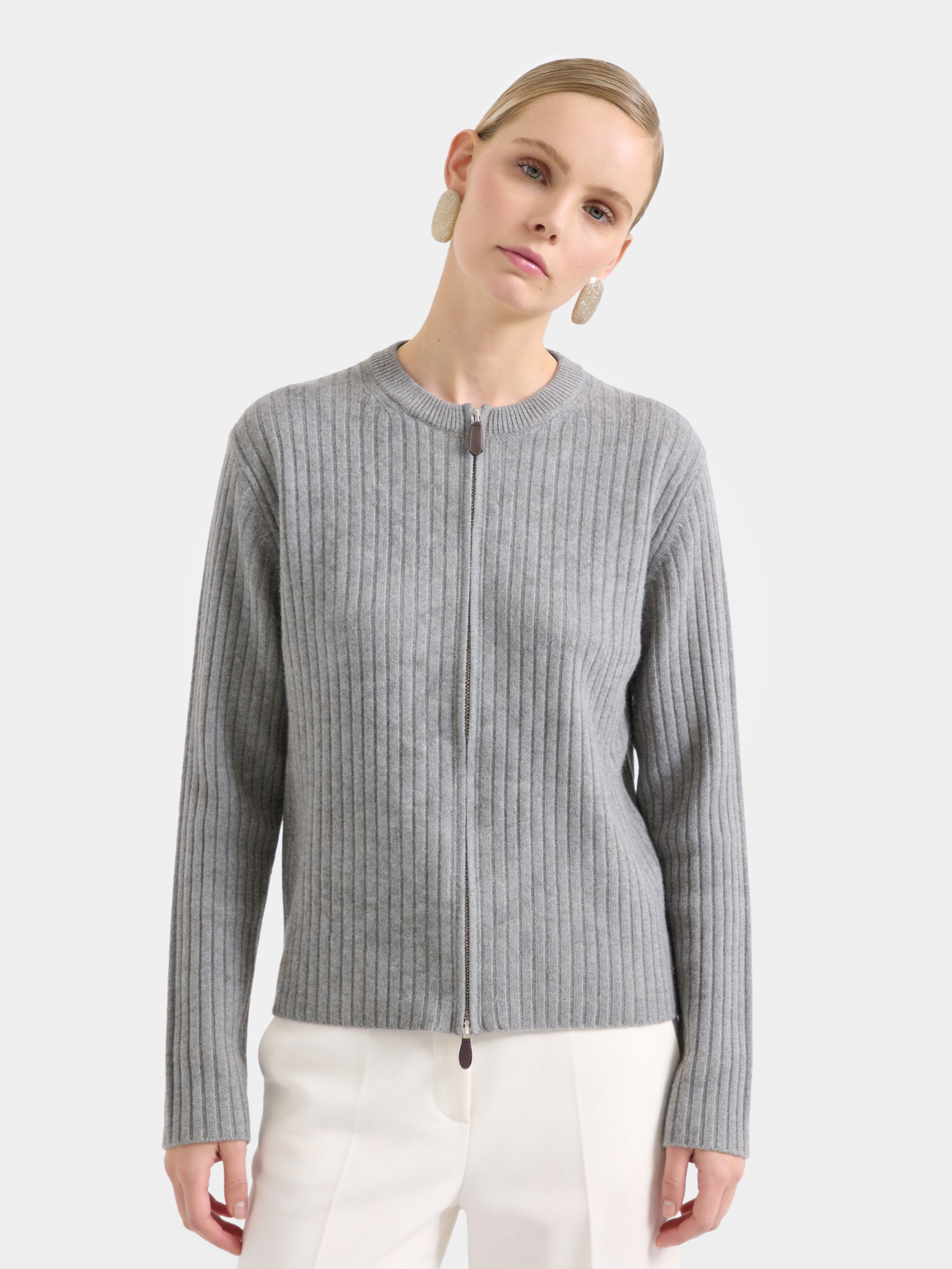 Textured 100% Mongolian Cashmere Knit Zip Cardigan