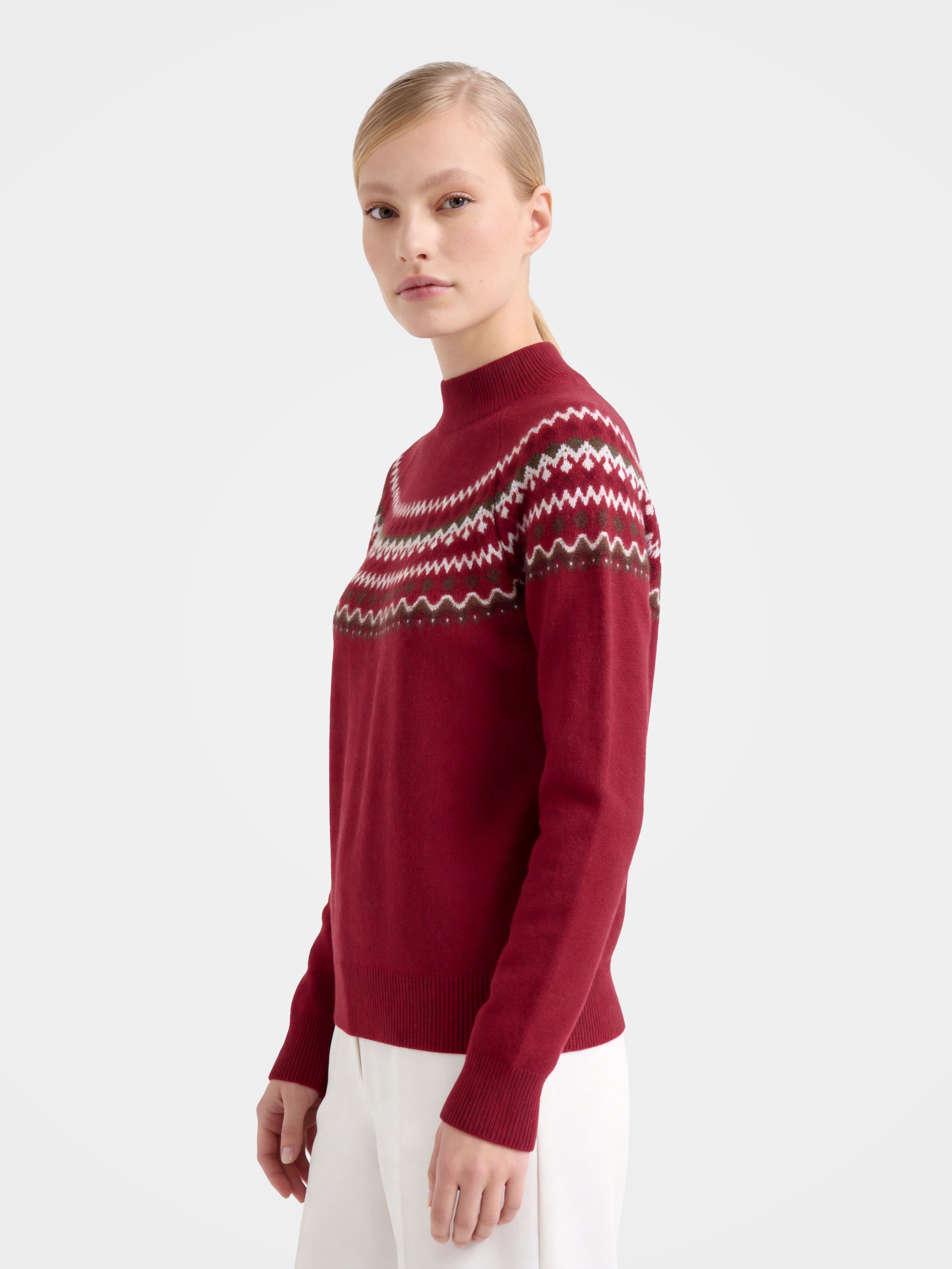 Wool Cashmere Mock Neck Sweater Soft Fair Isle Diamond Knit Pullover