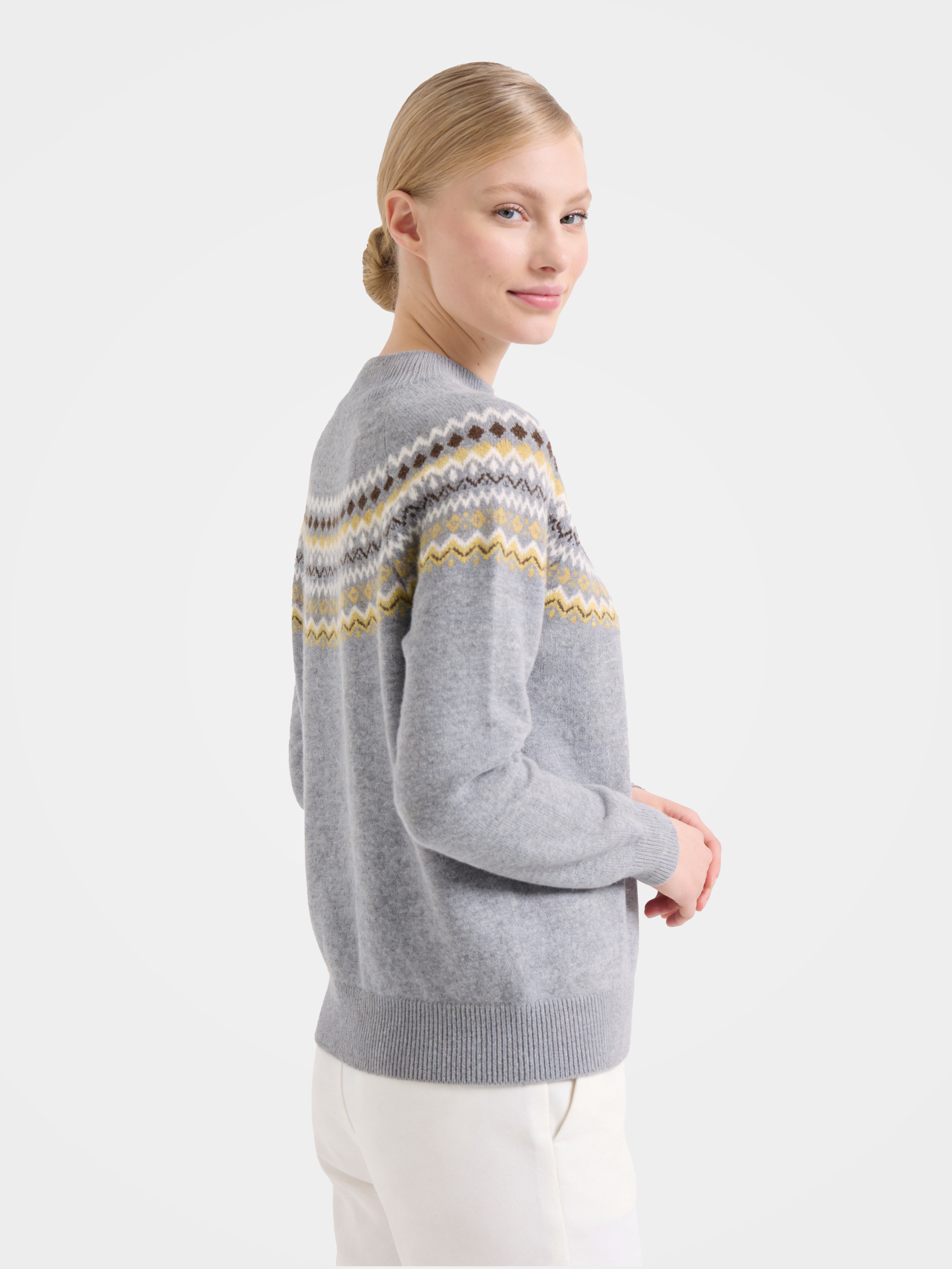 Wool Cashmere Mock Neck Sweater Soft Fair Isle Diamond Knit Pullover