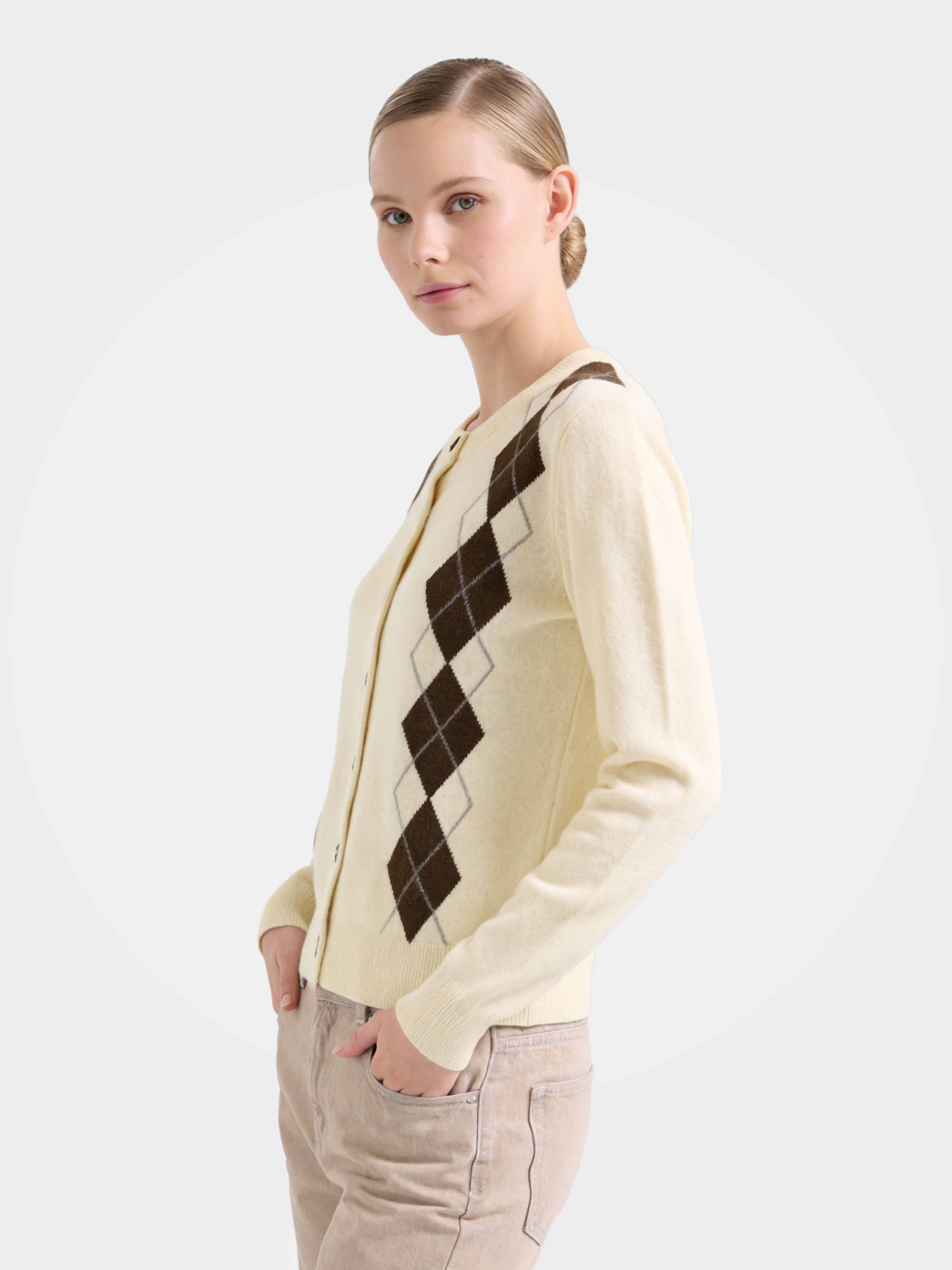 100% Cashmere Crew Neck Soft Knit Argyle Cardigan