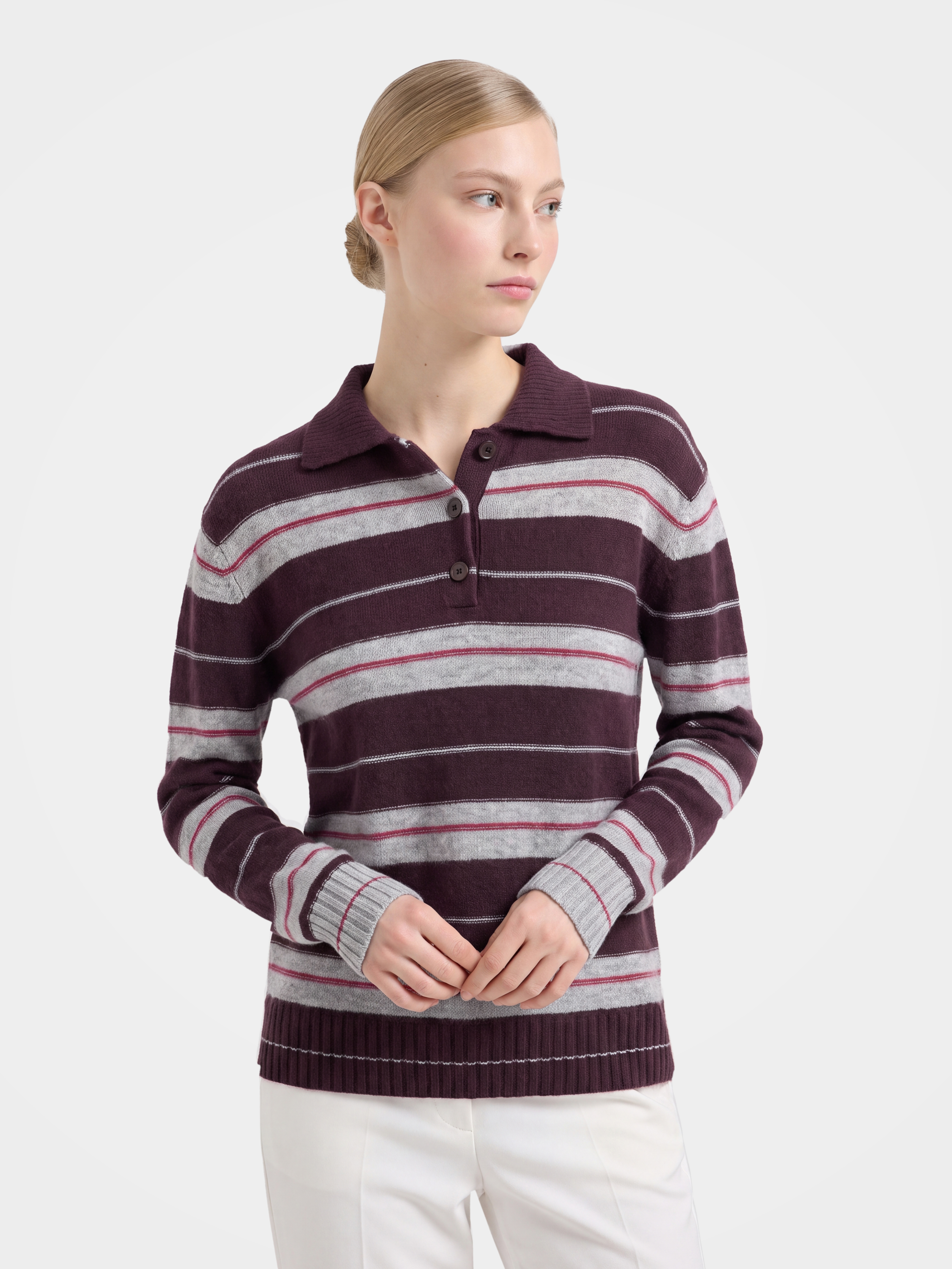 100% Cashmere Striped Polo Collar Knit Sweater