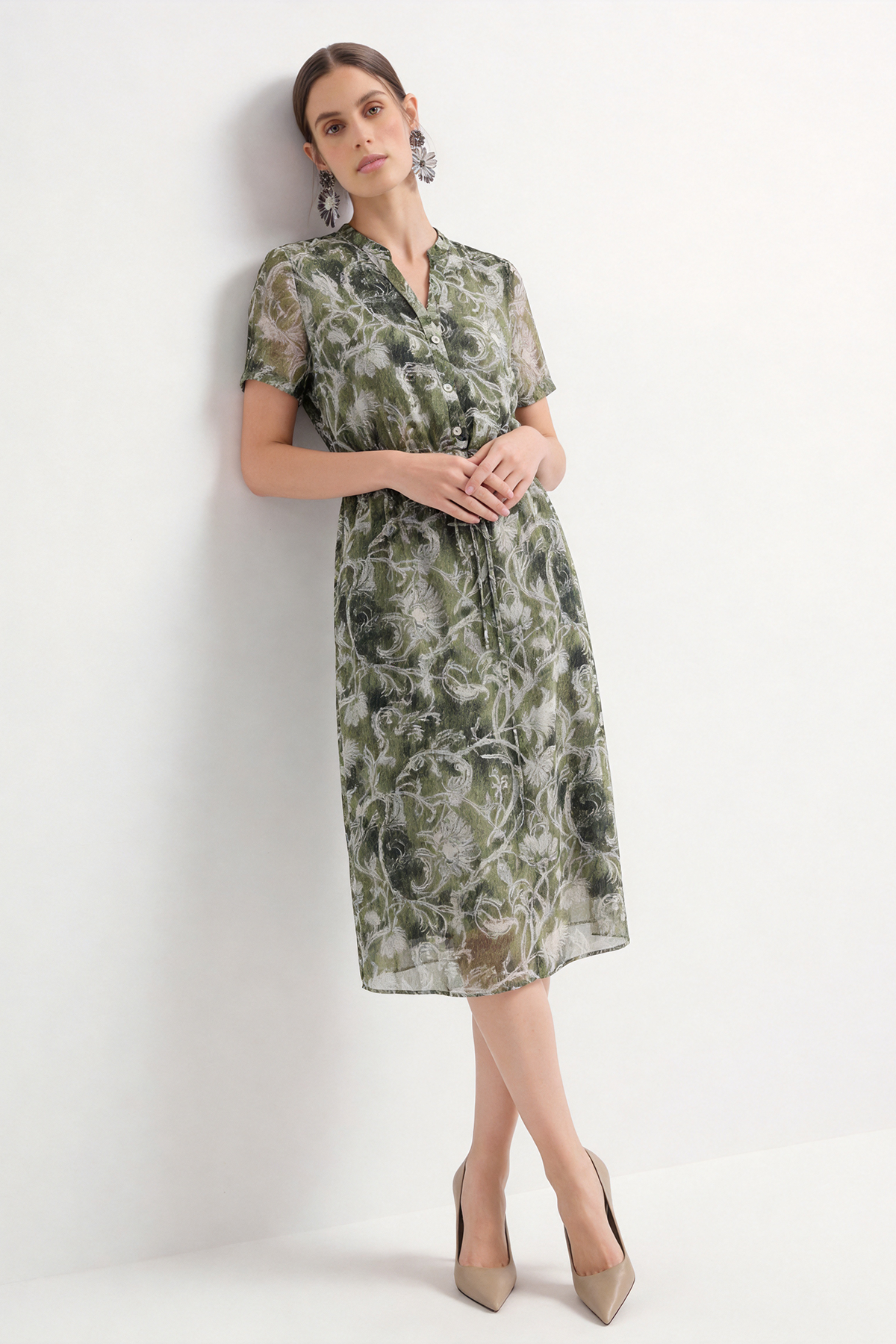 Lightweight 100% Mulberry Silk Drawstring Floral Midi Dress