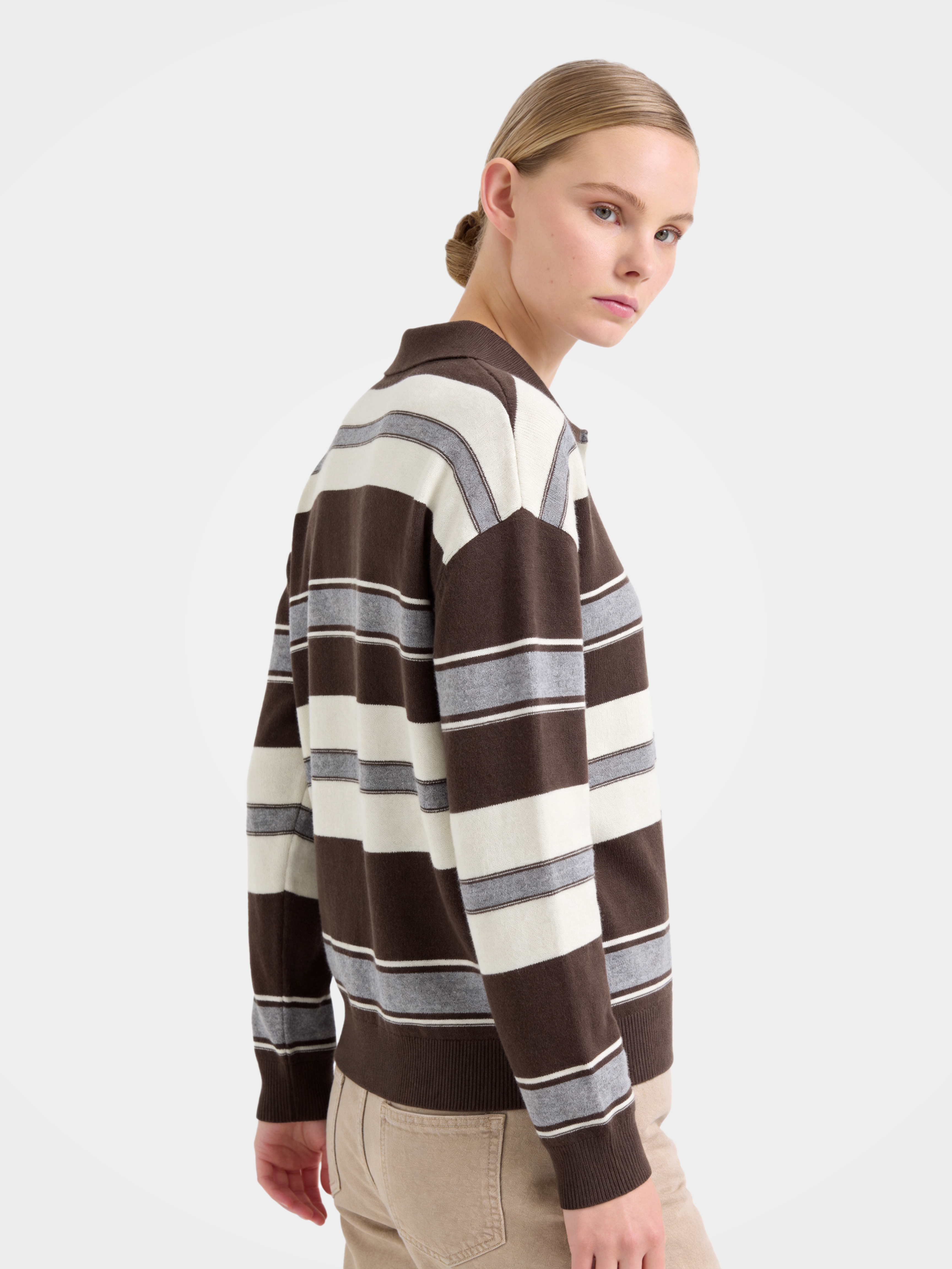 100% Cashmere Striped Polo Collar Long Sleeve Knit Sweater