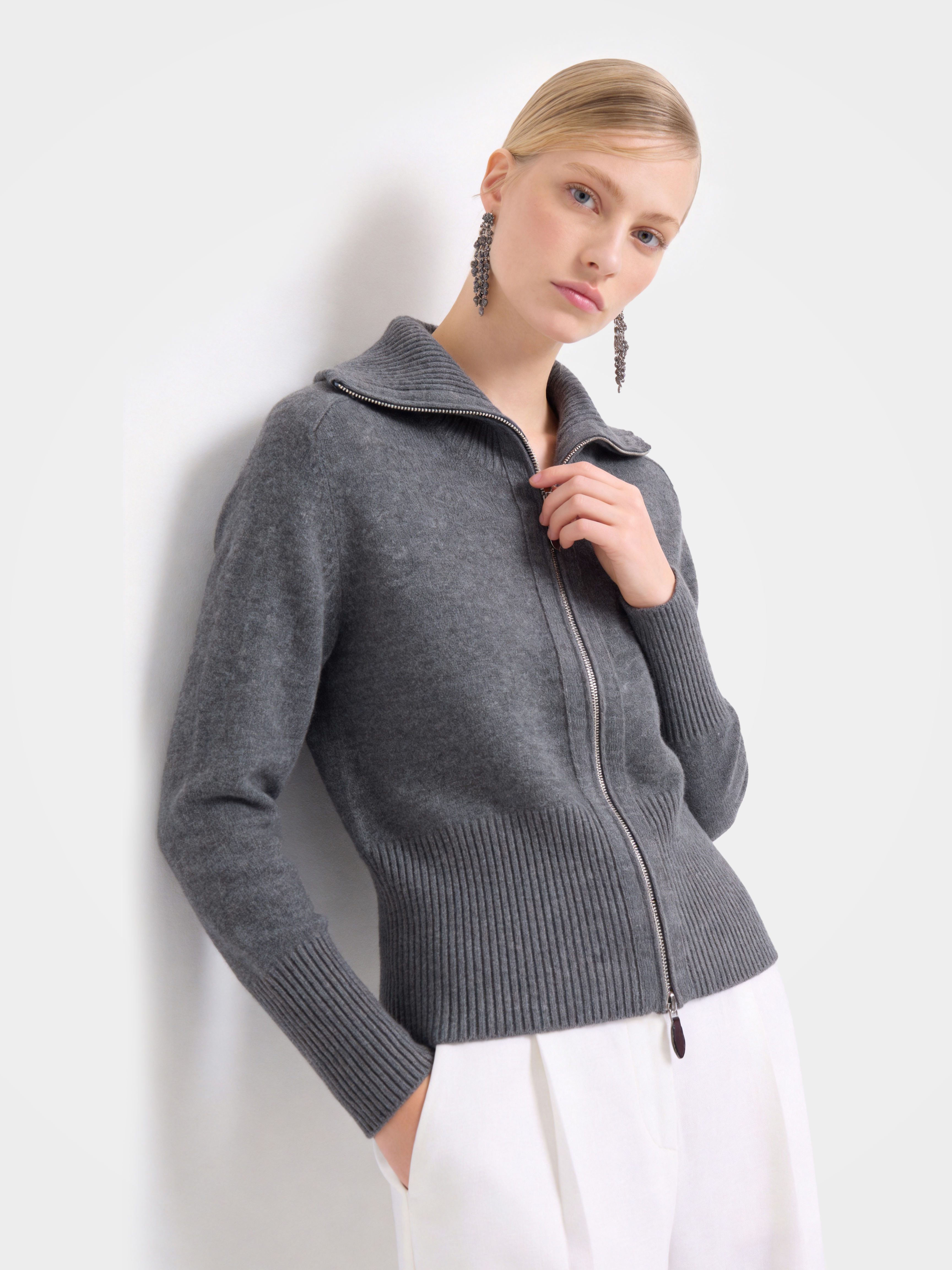 Soft 100% Cashmere Zip Ribbed Knit Cardigan