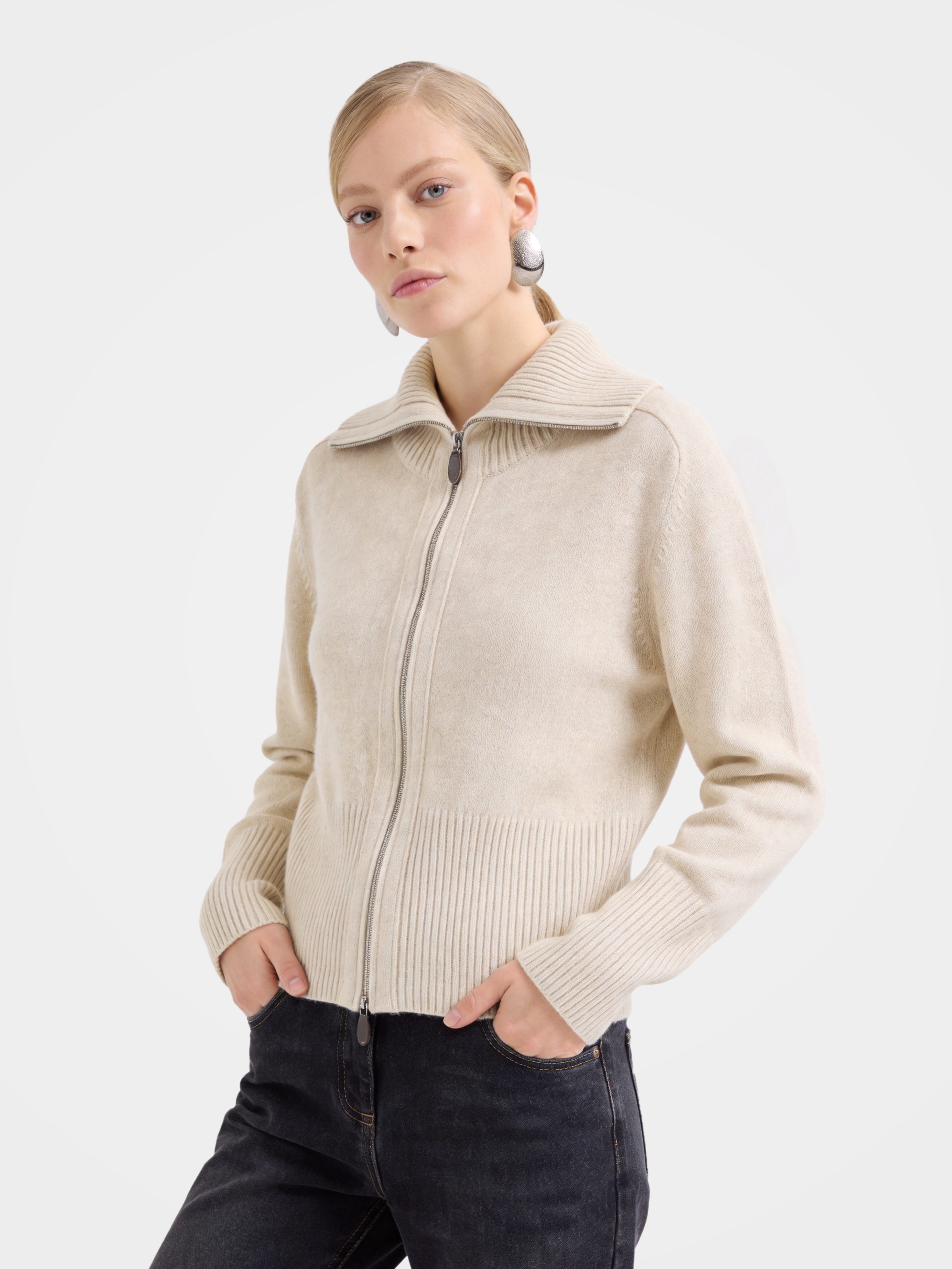 Soft 100% Cashmere Zip Ribbed Knit Cardigan