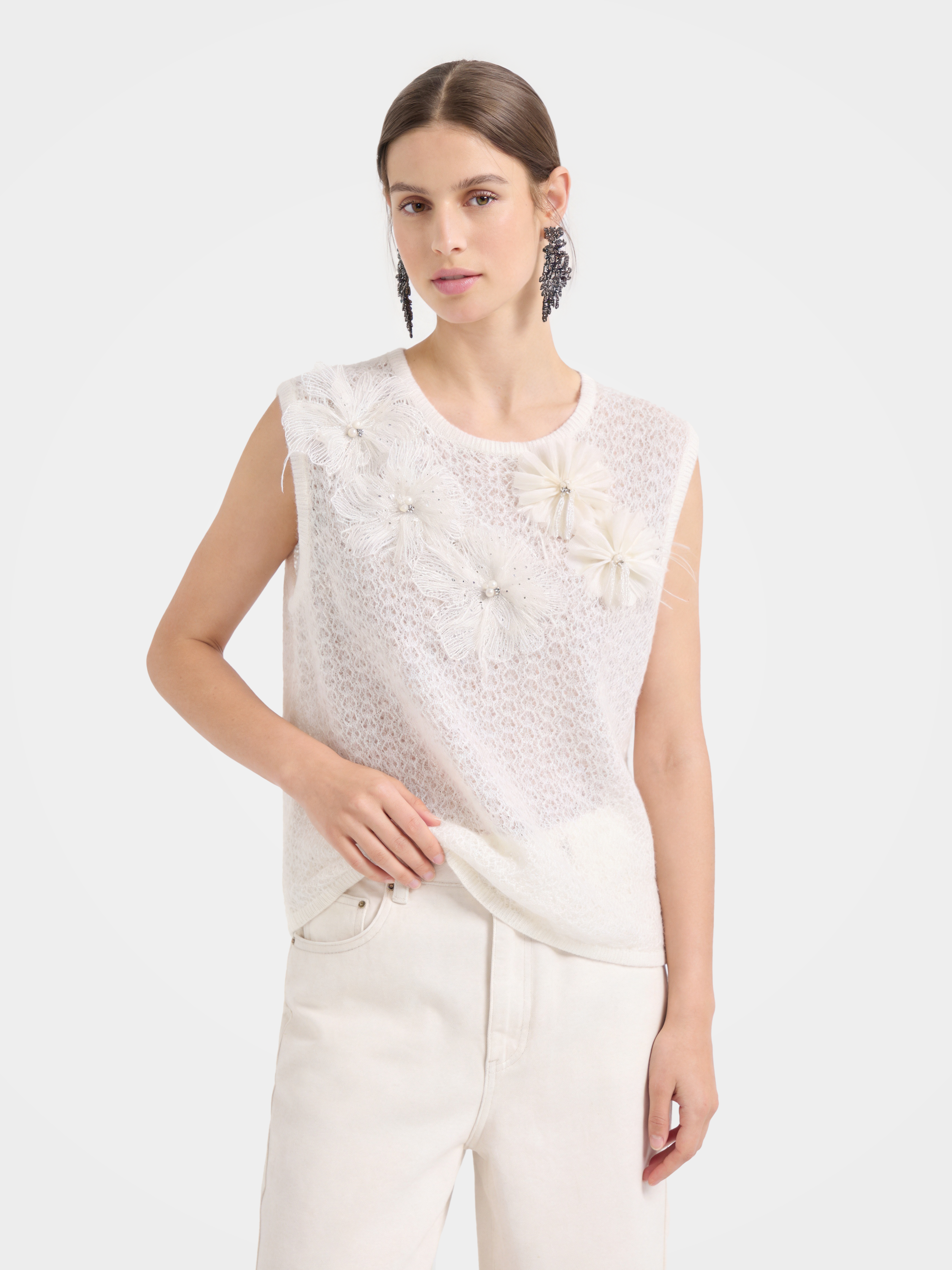 Textured Cashmere Silk 3D Floral Knit Sequin Vest for Women
