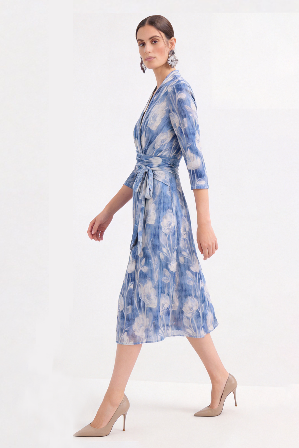 Elegant 100% Mulberry Silk Floral Midi Dress