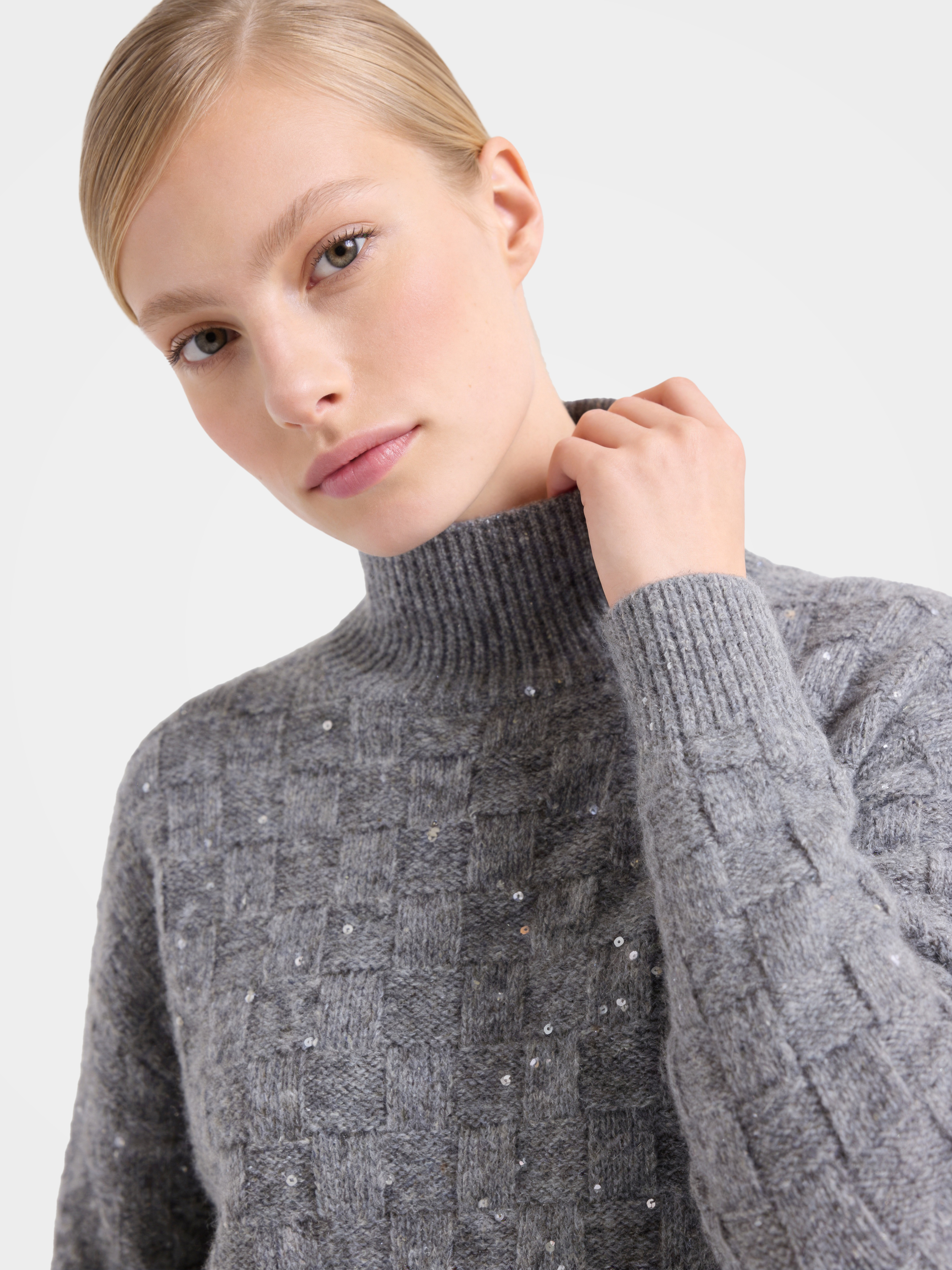 Cashmere Mock Neck Sweater Diamond Soft Sequin Knit 