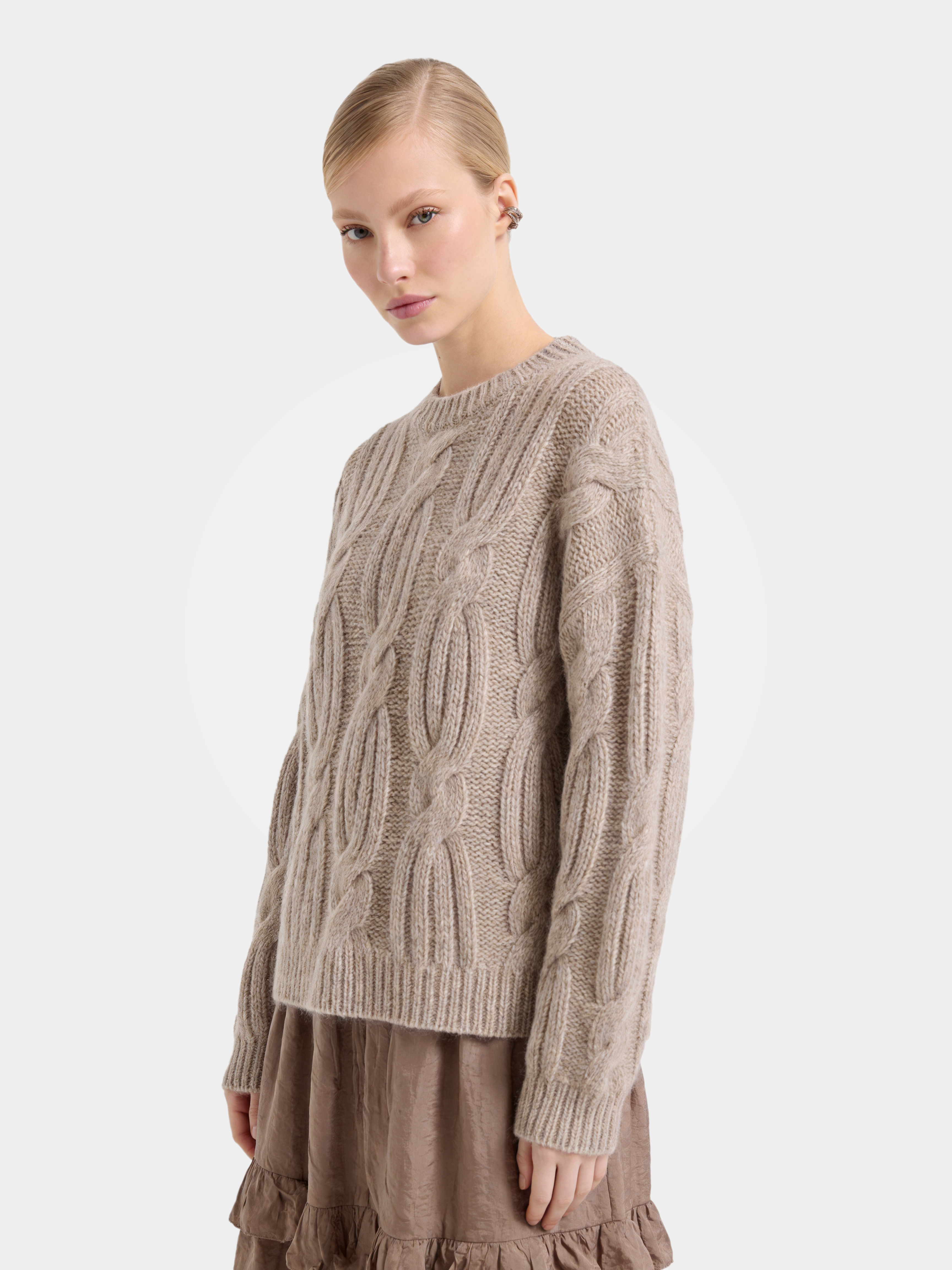 100% Pure Cashmere Heritage Cable Knit Crew Neck Sweater