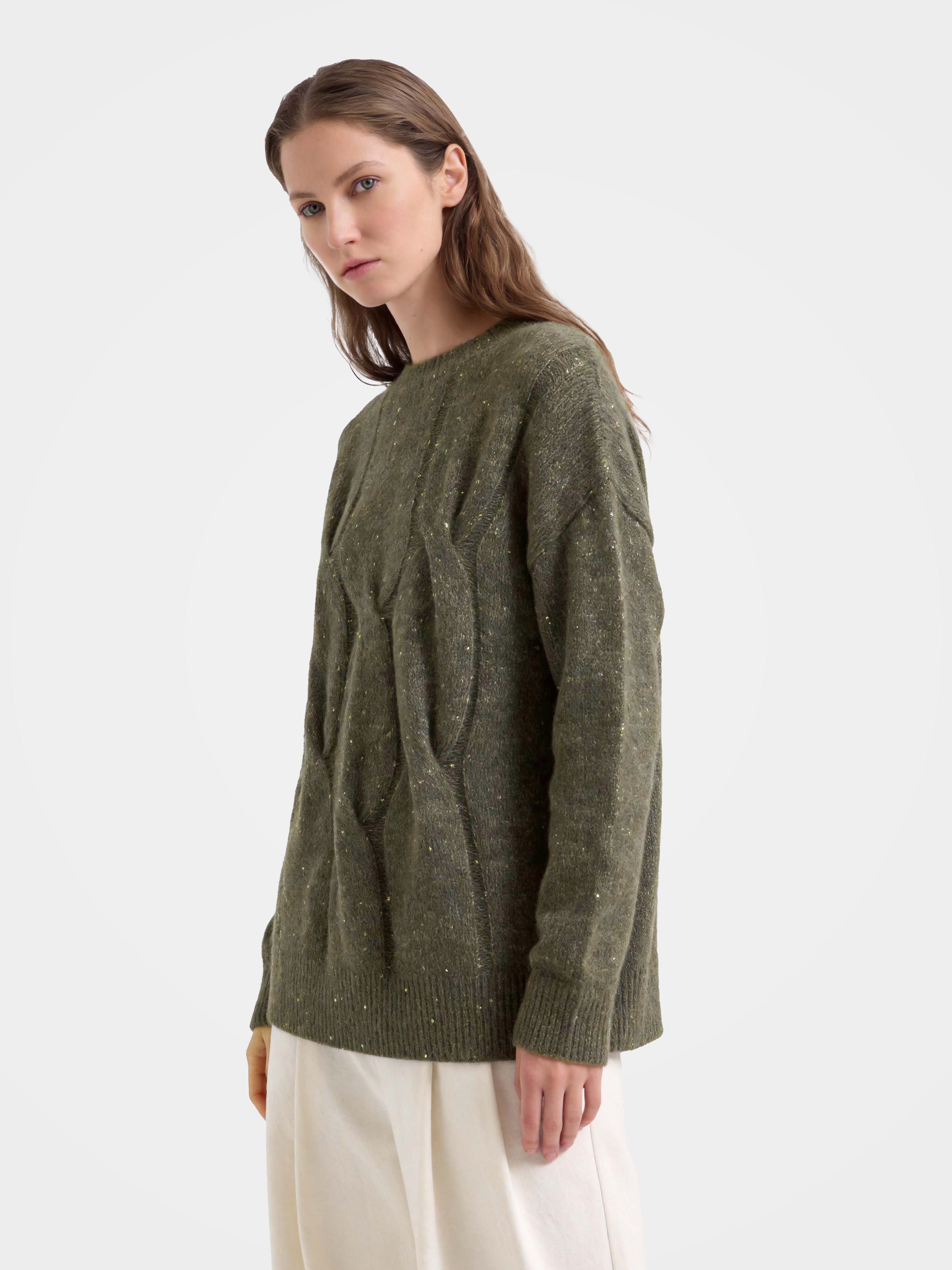  Pure Cashmere Heritage Cable Knit Crew Neck Sequin Sweater