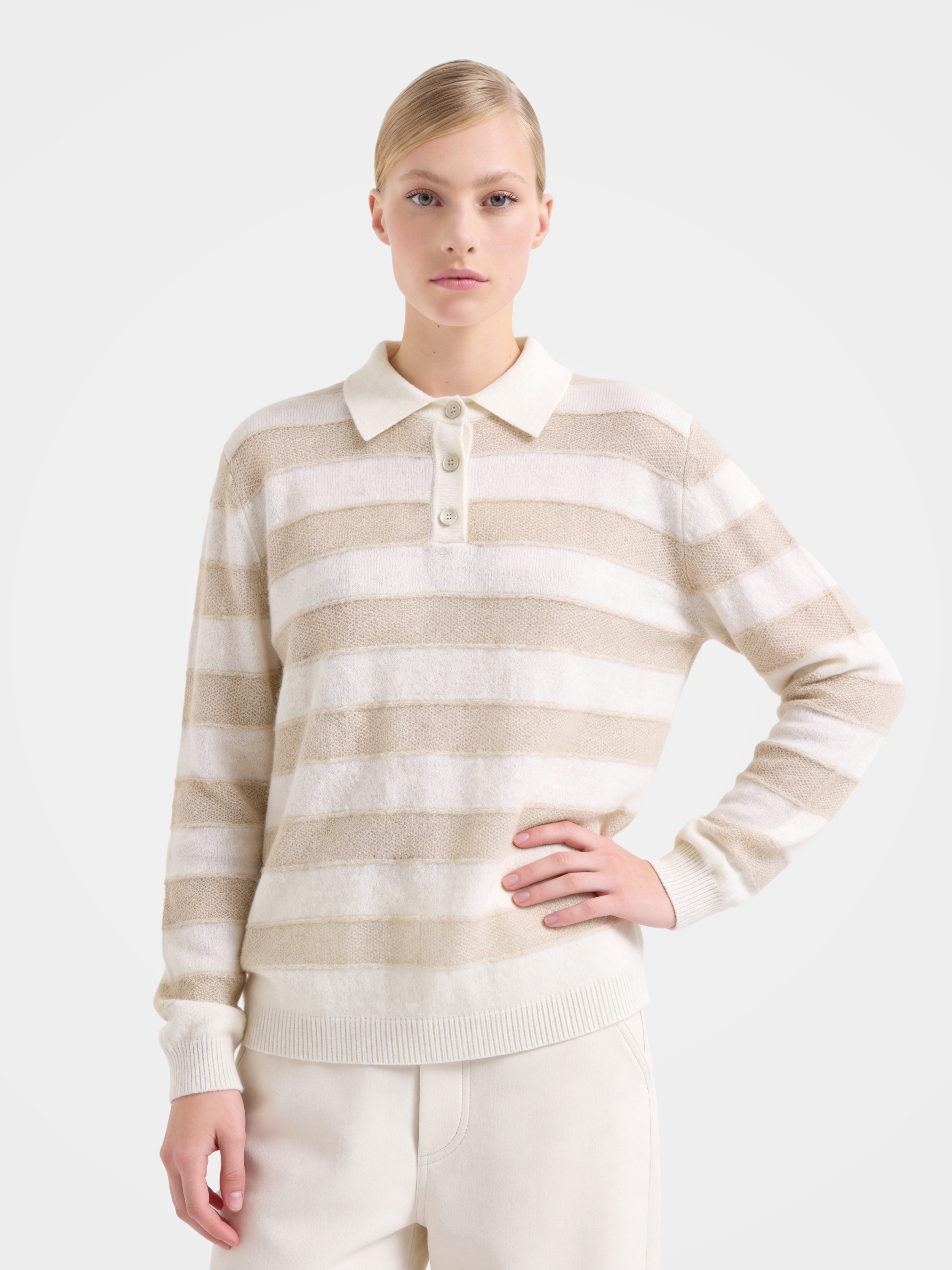 100% Cashmere Polo Stripe Patchwork Knit Sweater 