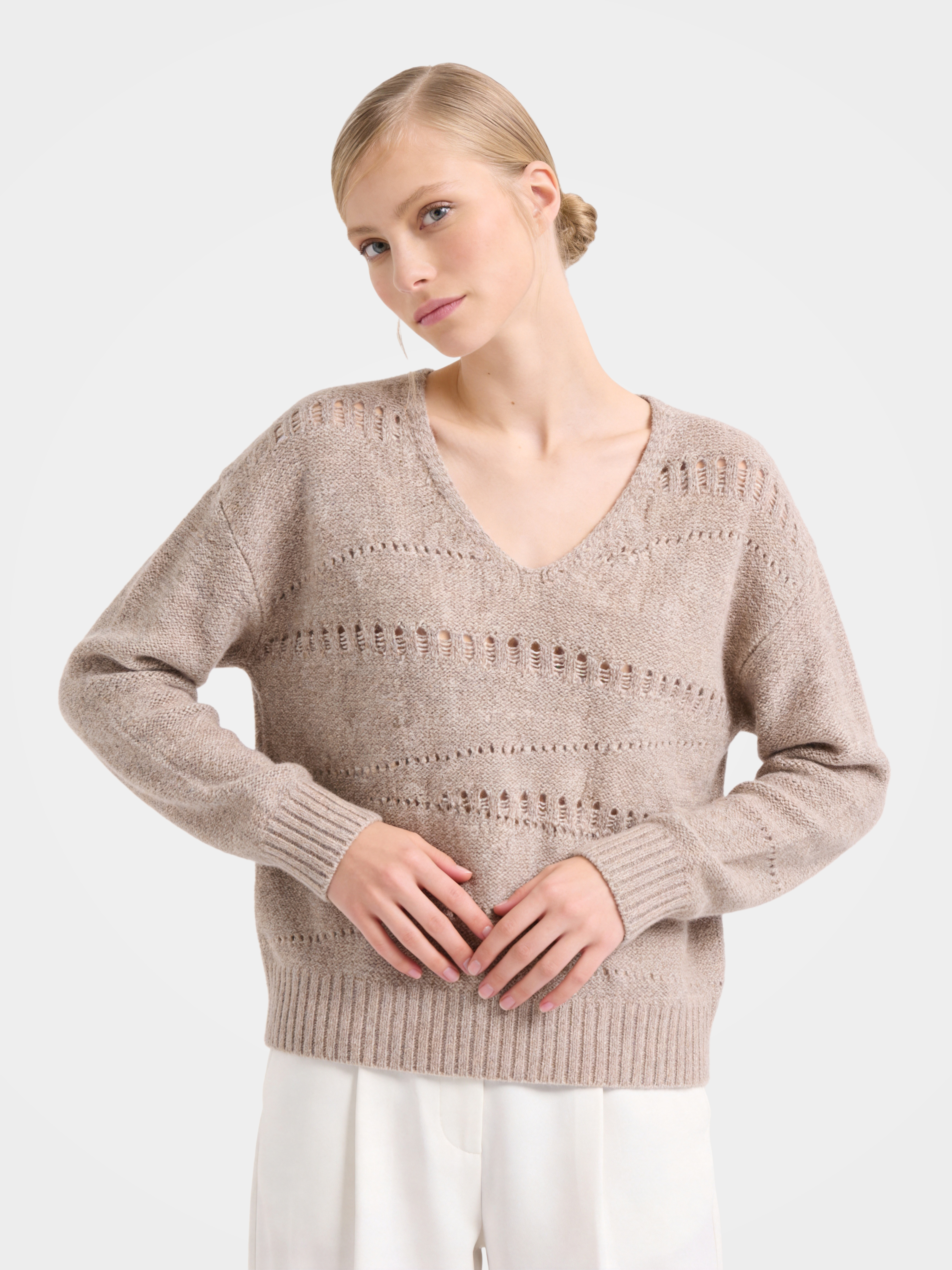 Pure  100% Cashmere Openwork Knit V Neck Sweater