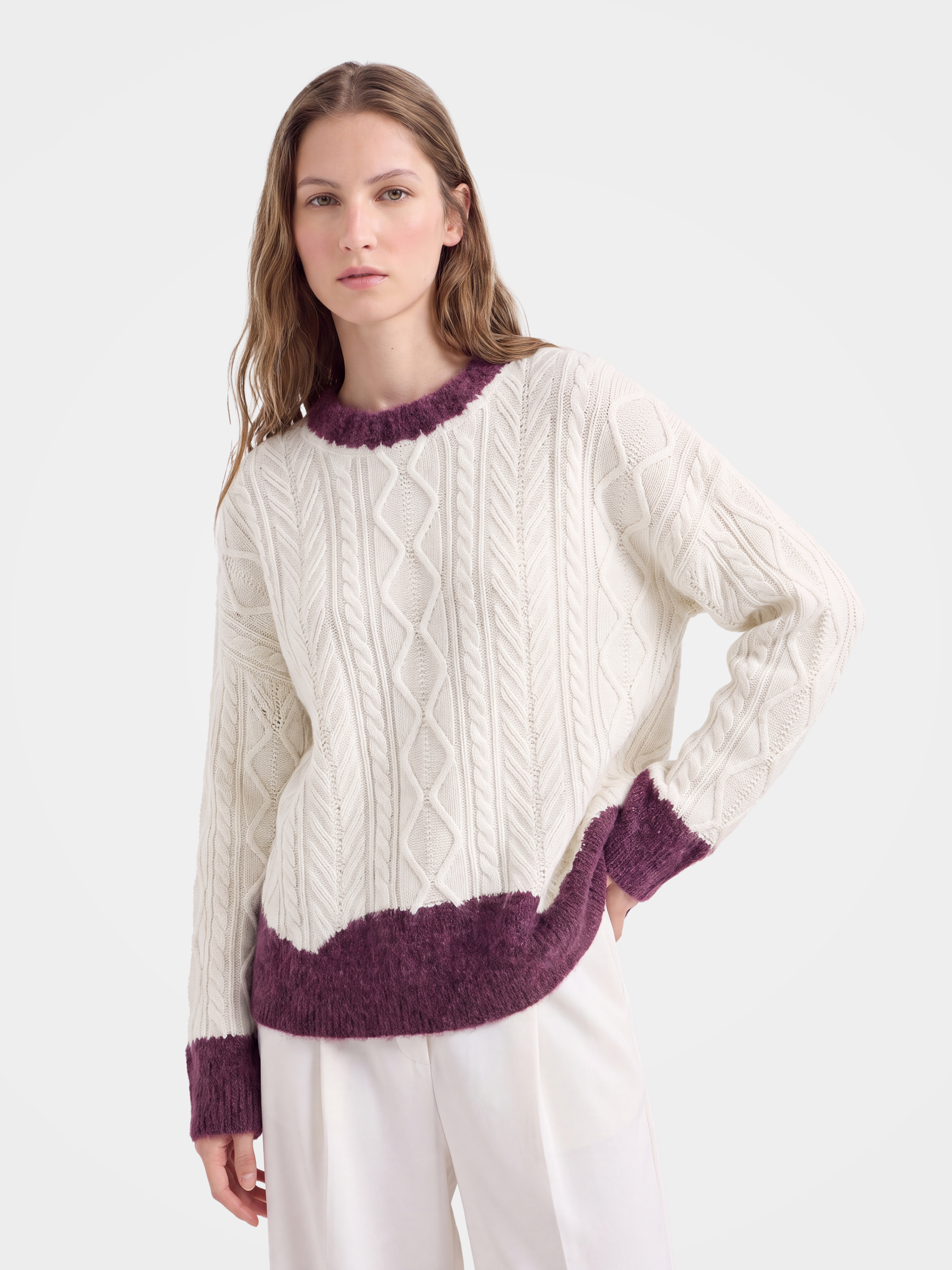 100% Cashmere Cable Knit Sweater with Contrast Brushed Trim