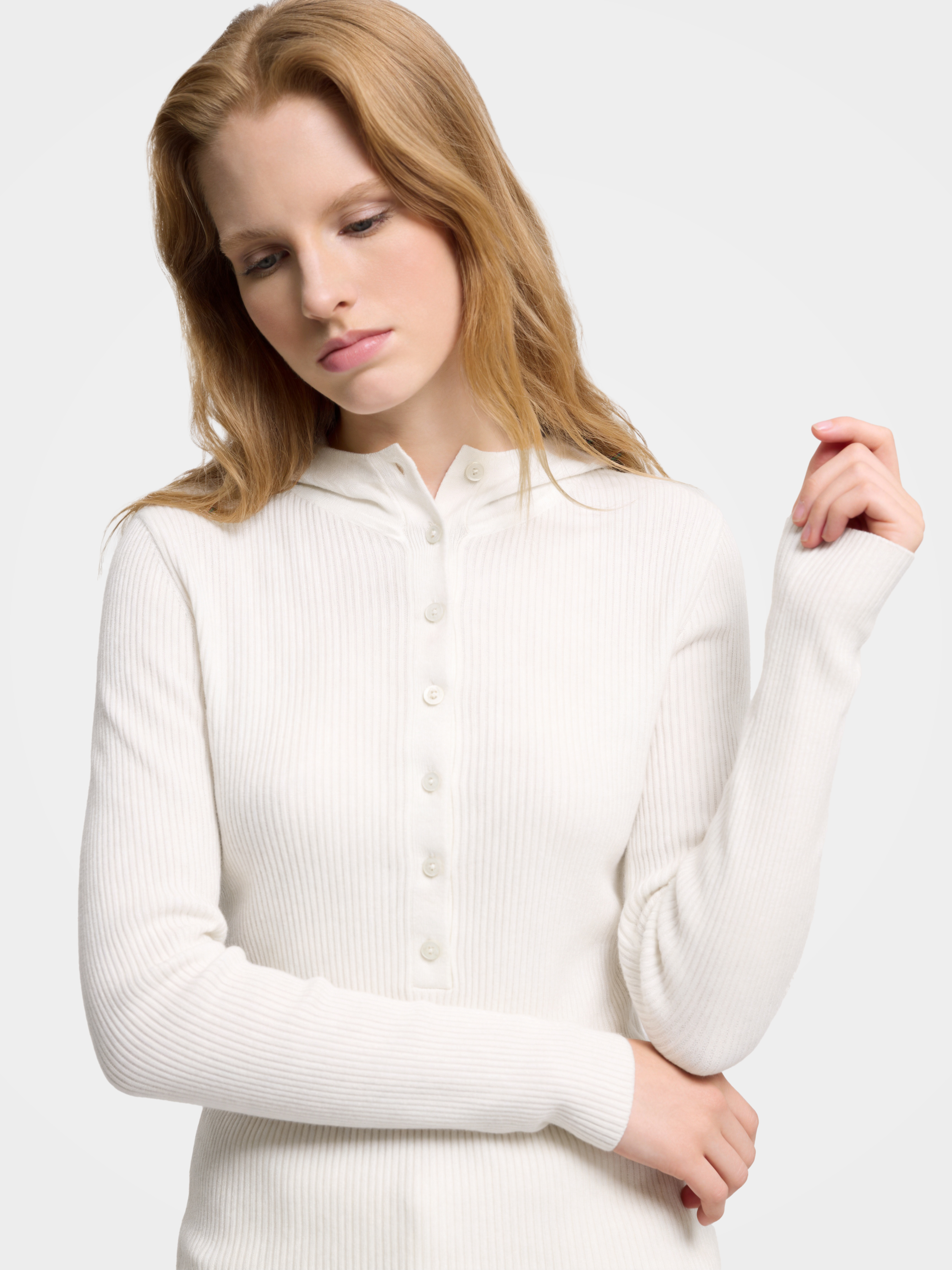 Cashmere Wool Blend Ribbed Hooded Sweater Slim Fit Long Sleeve Knit Top