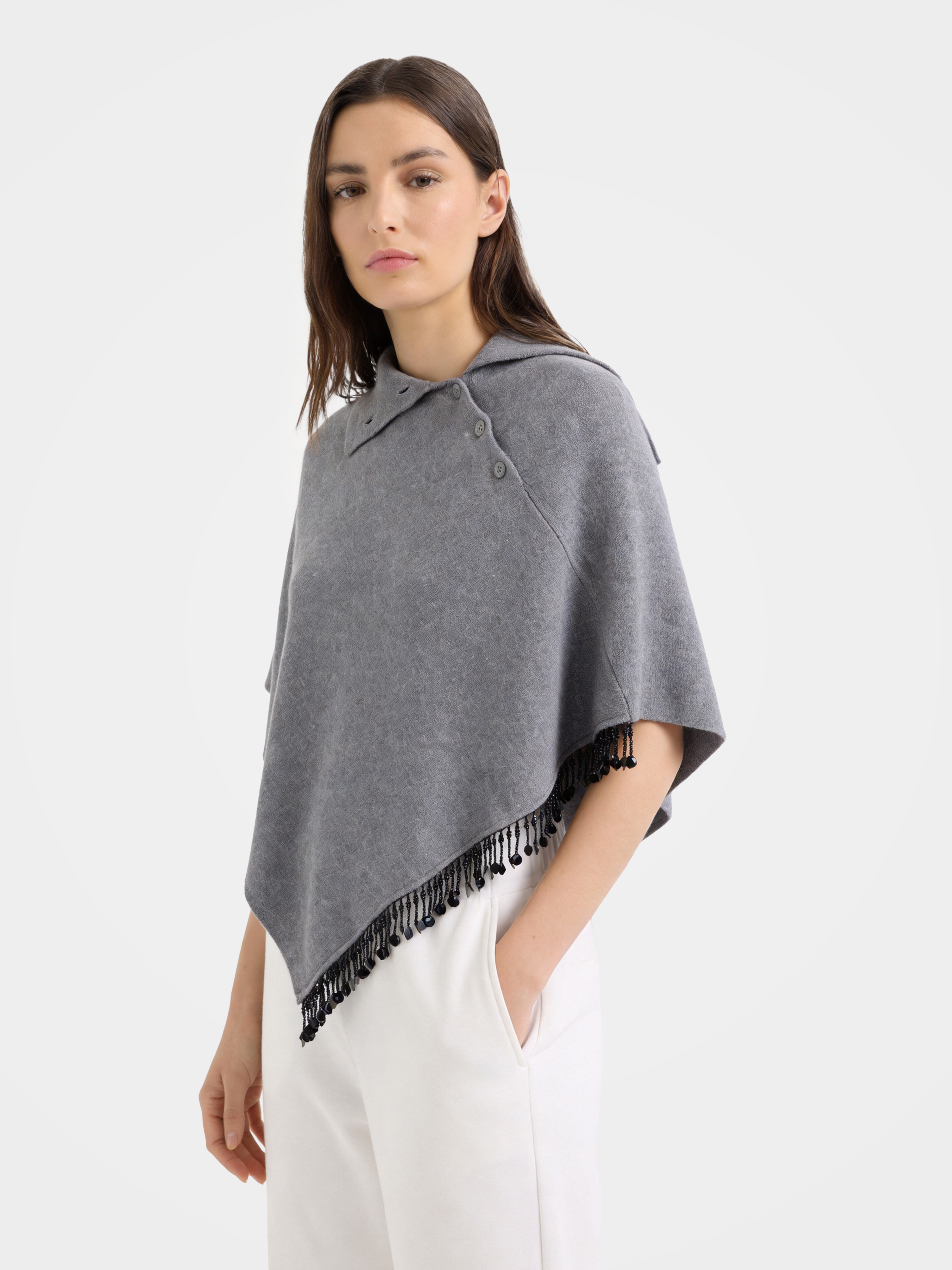 100% Cashmere Buttoned Collared Poncho Cape With Beaded Fringe