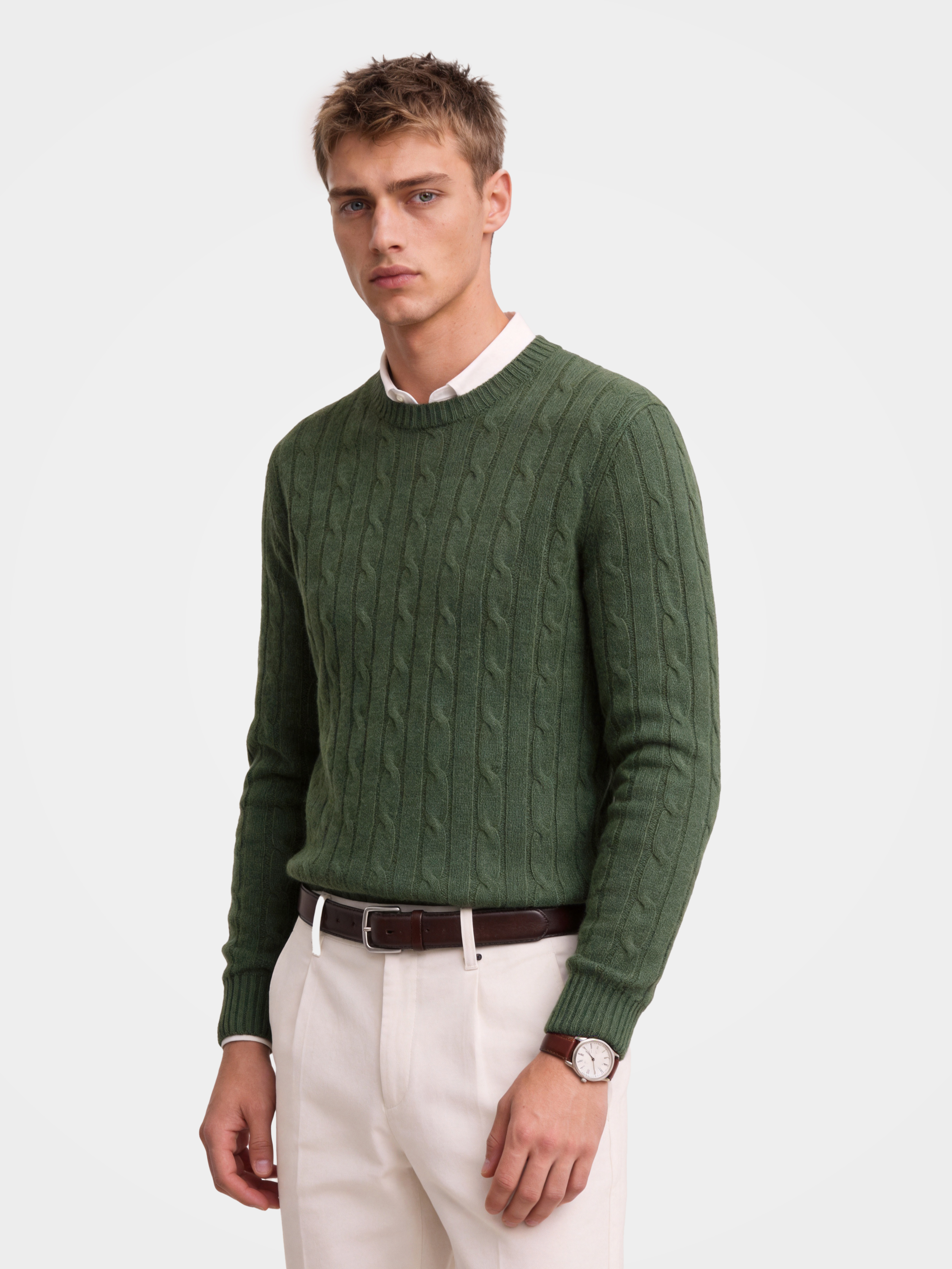 Men’s 100% Cashmere Crew Neck Cable Knit Sweater