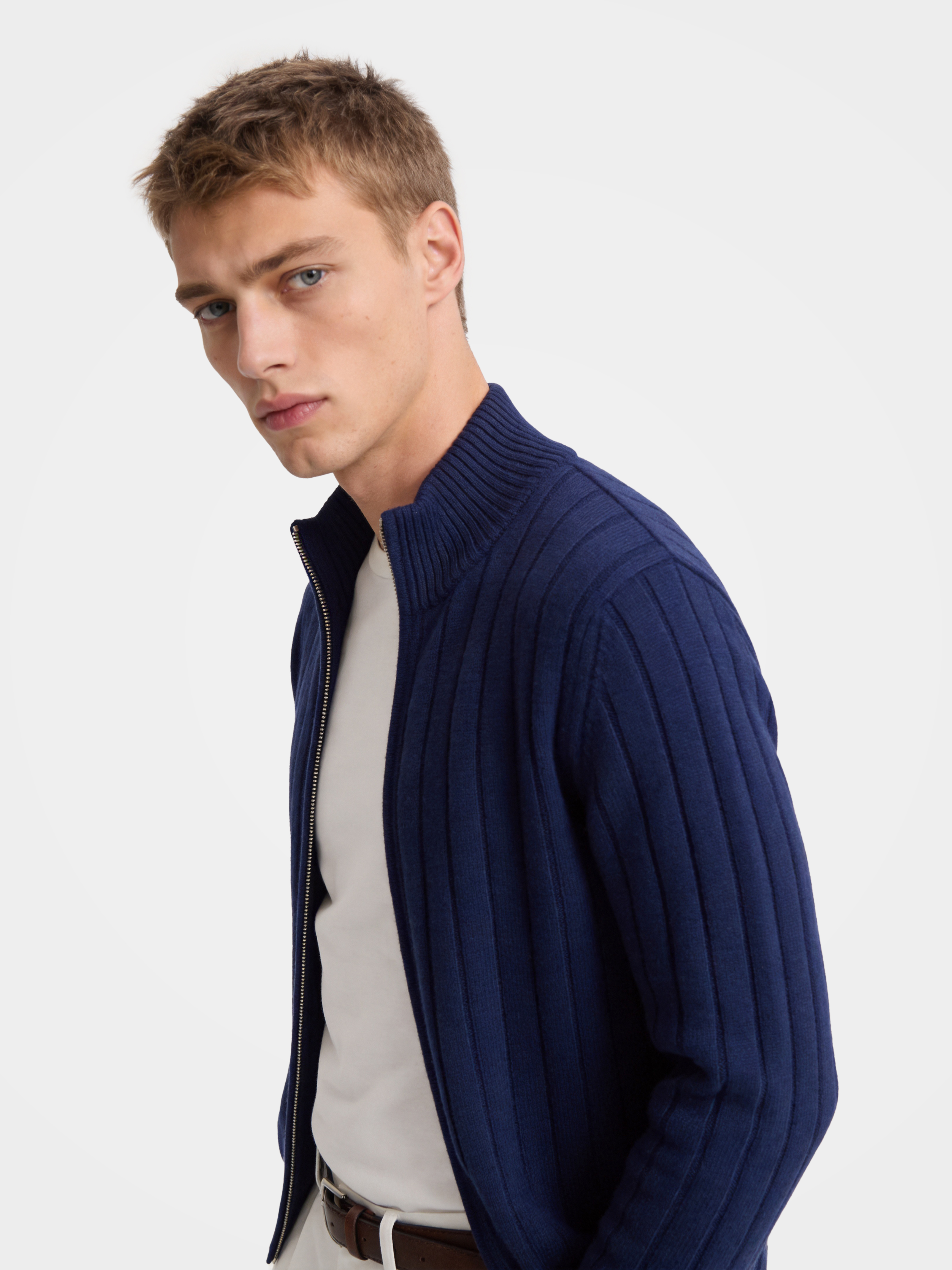 Men’s 100% Cashmere Mock Neck Zip Rib Knit Cardigan