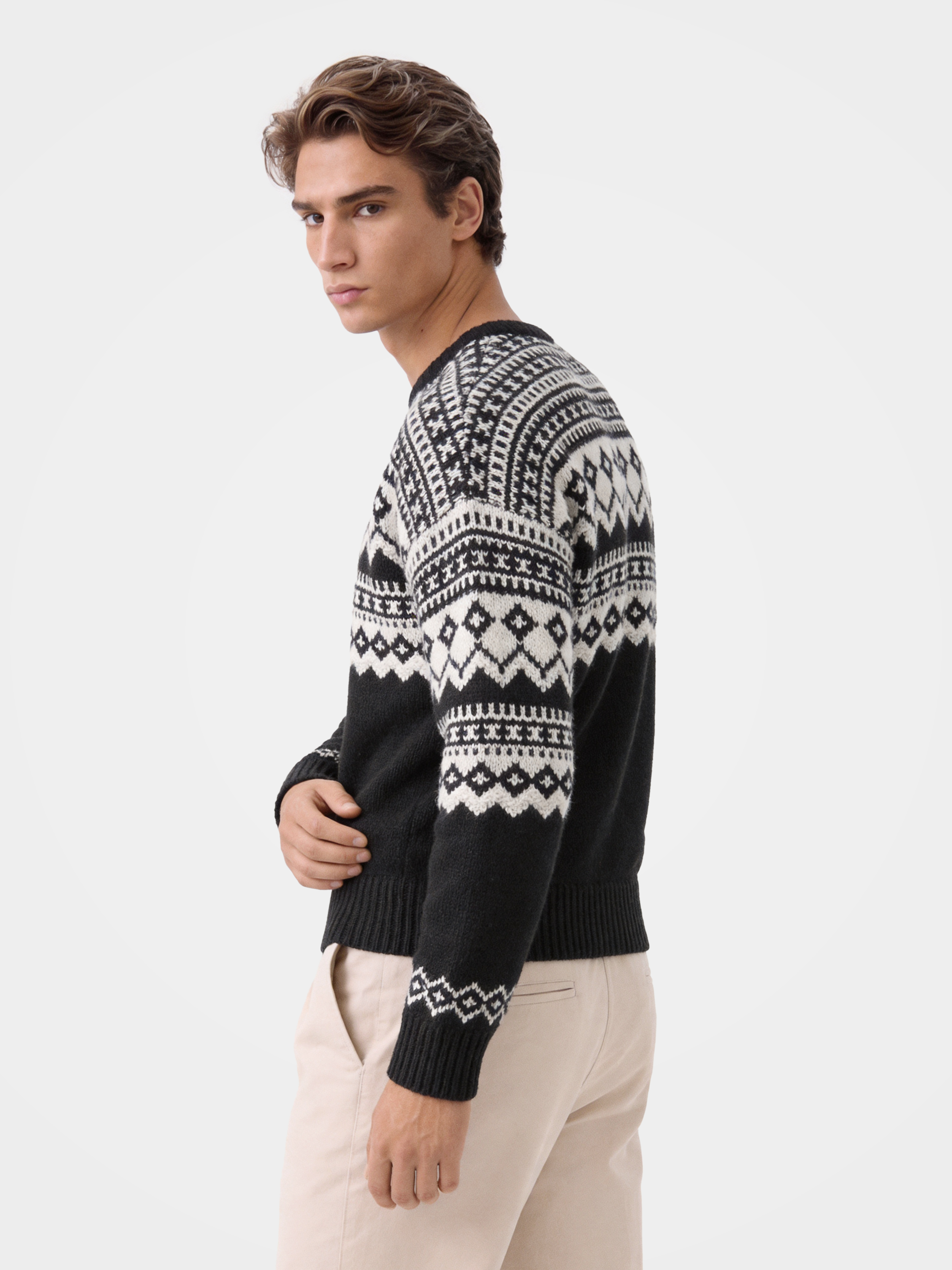 Pre-Order | Men’s 100% Cashmere Crew Neck Fair Isle Knit Cardigan (10-14 Business Days)