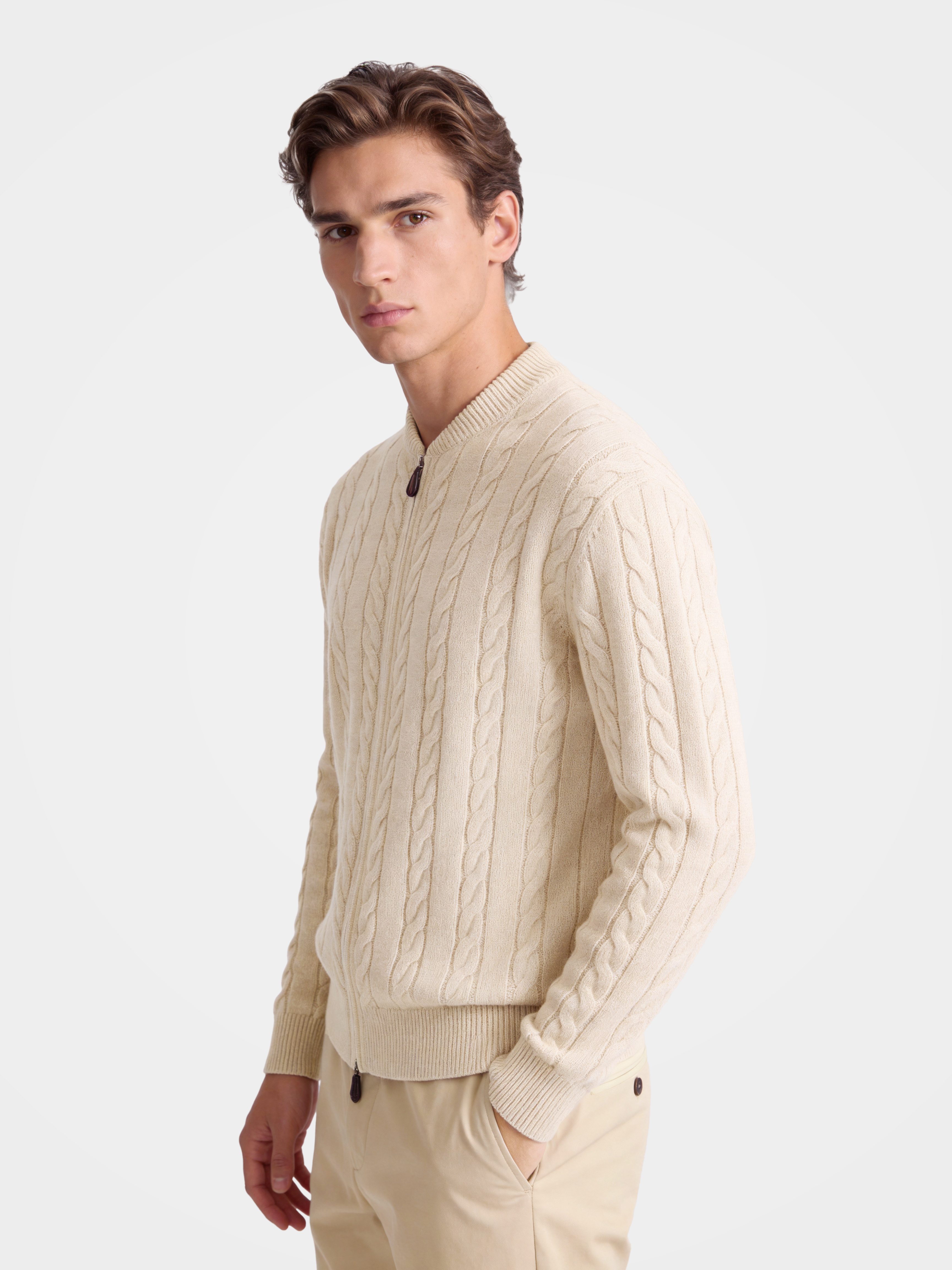 Pre-Order | Men’s 100% Cashmere Baseball Collar Zip Cable Knit Cardigan (10-14 Business Days)