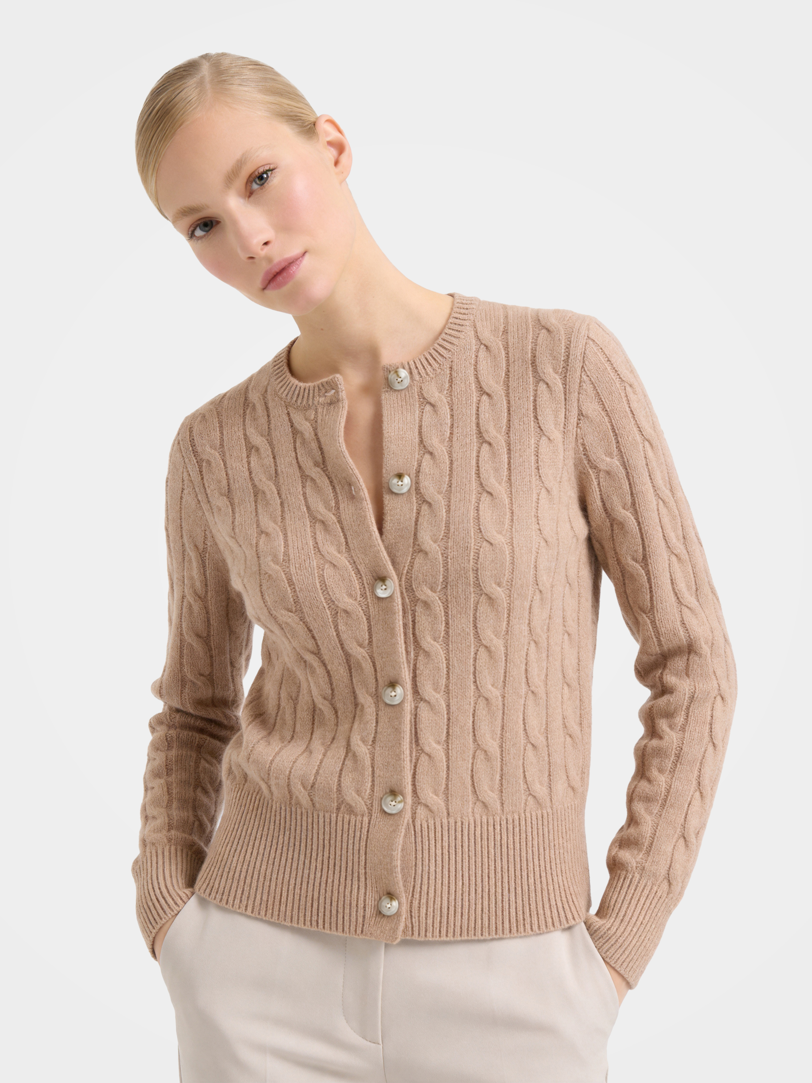 100% Mongolian Cashmere Cable Knit Crew Neck Button Cardigan Sweater