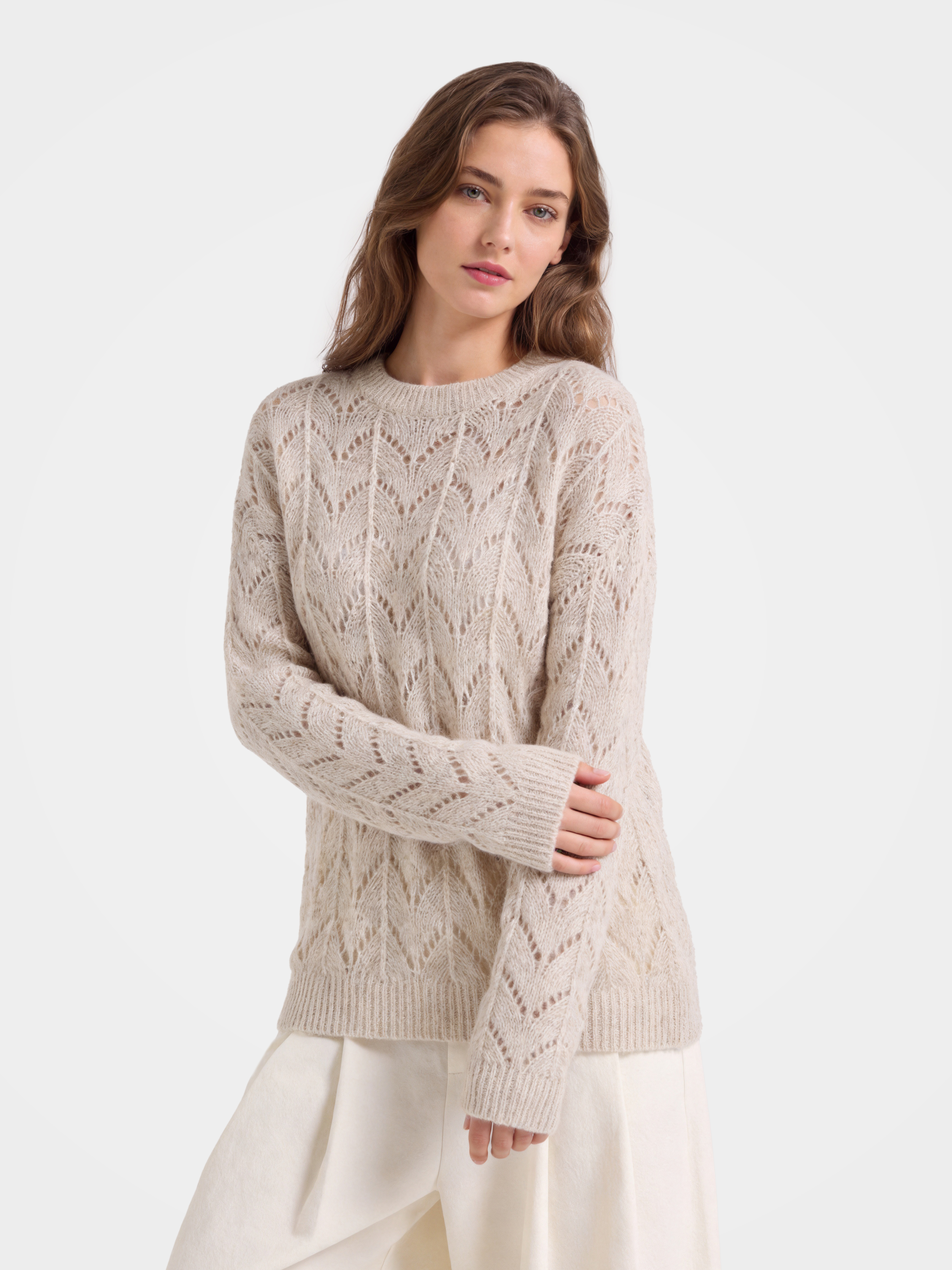 Cashmere Openwork Knit Crew Neck Sequin Sweater