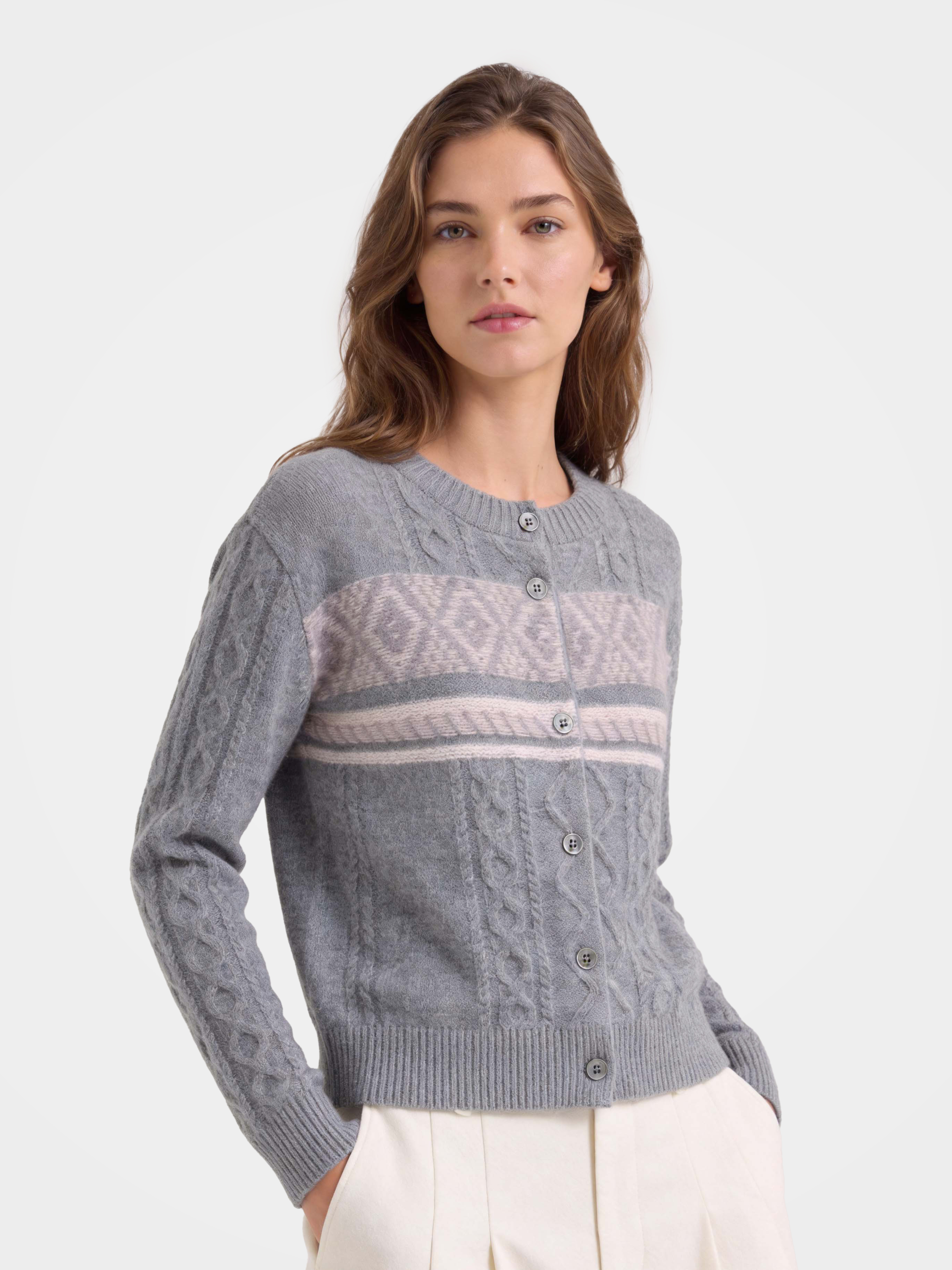 100% Cashmere Cable Knit Crew Neck Cardigan