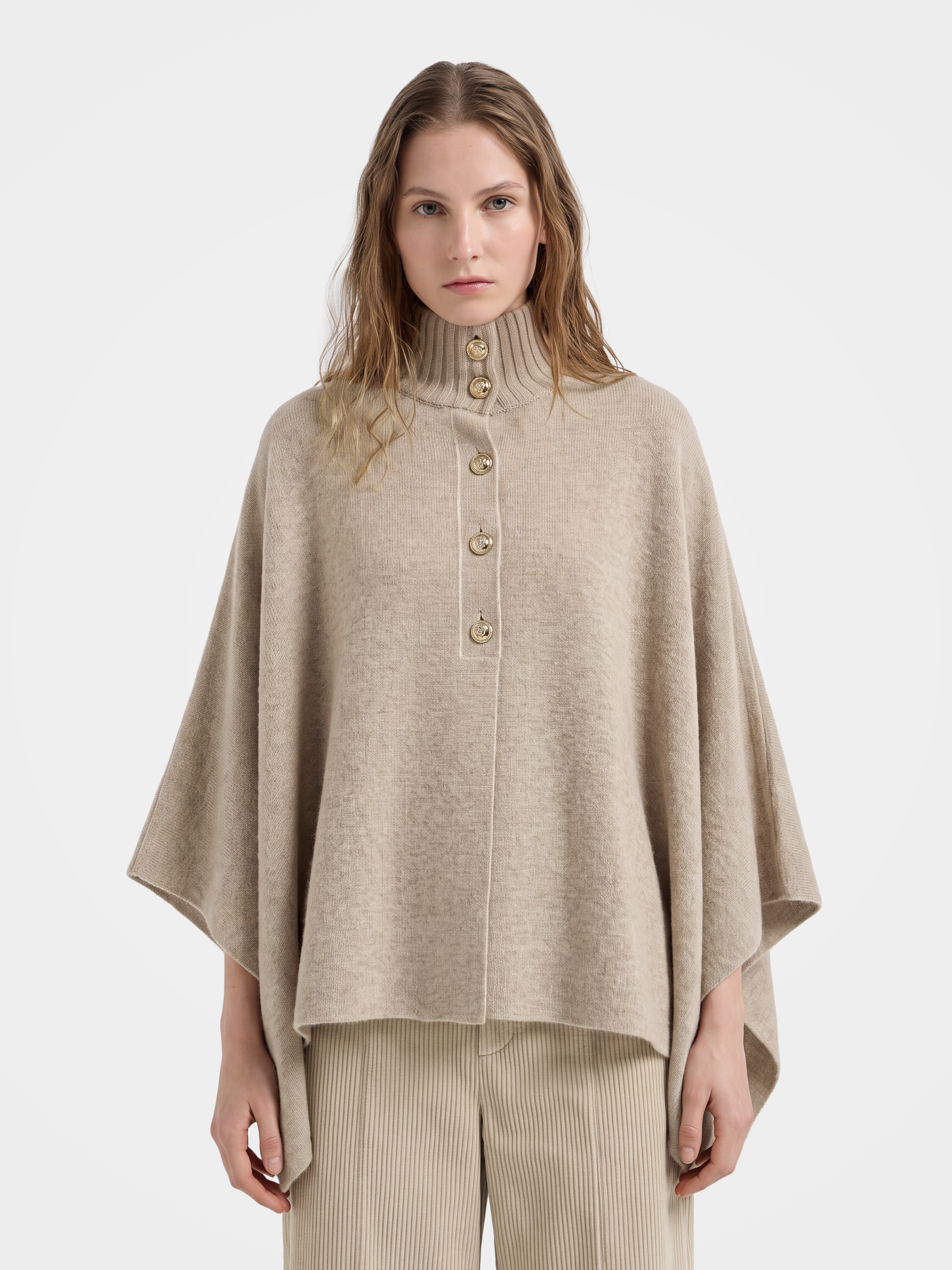 Pre-Order | 100% Cashmere Turtleneck Botton Front Cardigan Knit Cape Relaxed Fit (10-14 Business Days)