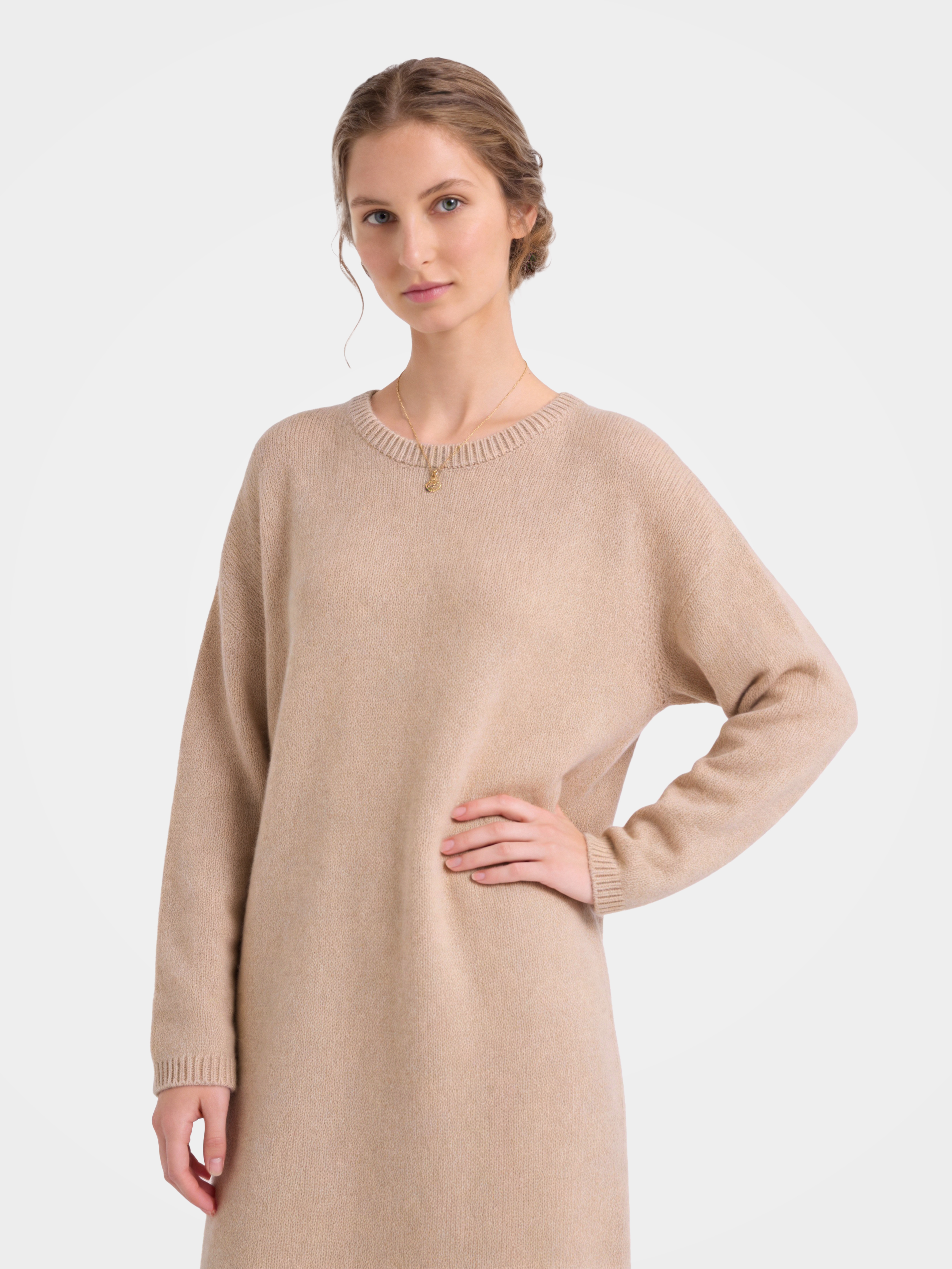 100% Cashmere Long Sleeve Crew Neck Midi Sweater Dress