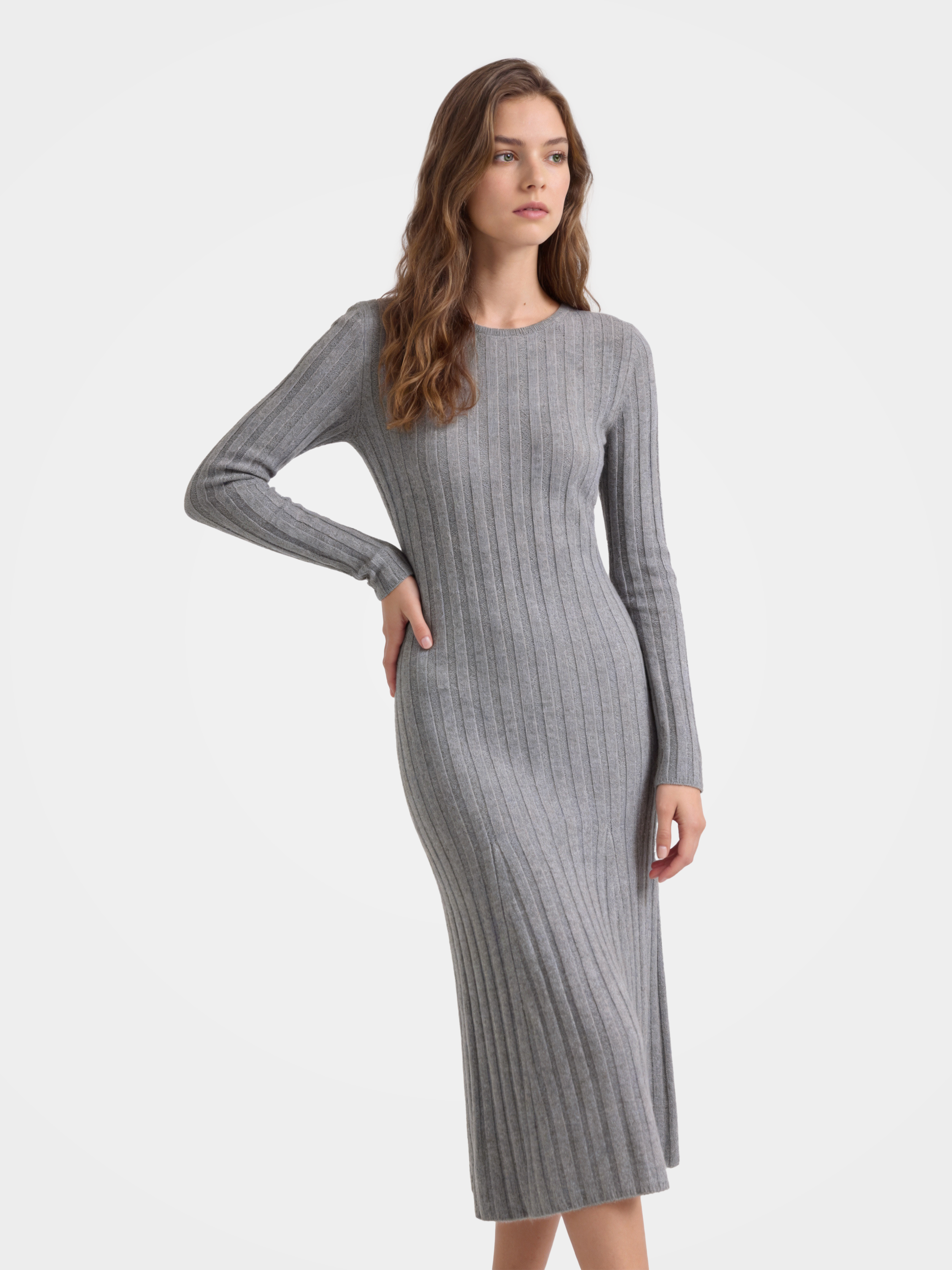 100% Mongolian Cashmere Rib Knit Midi Sweater Dress