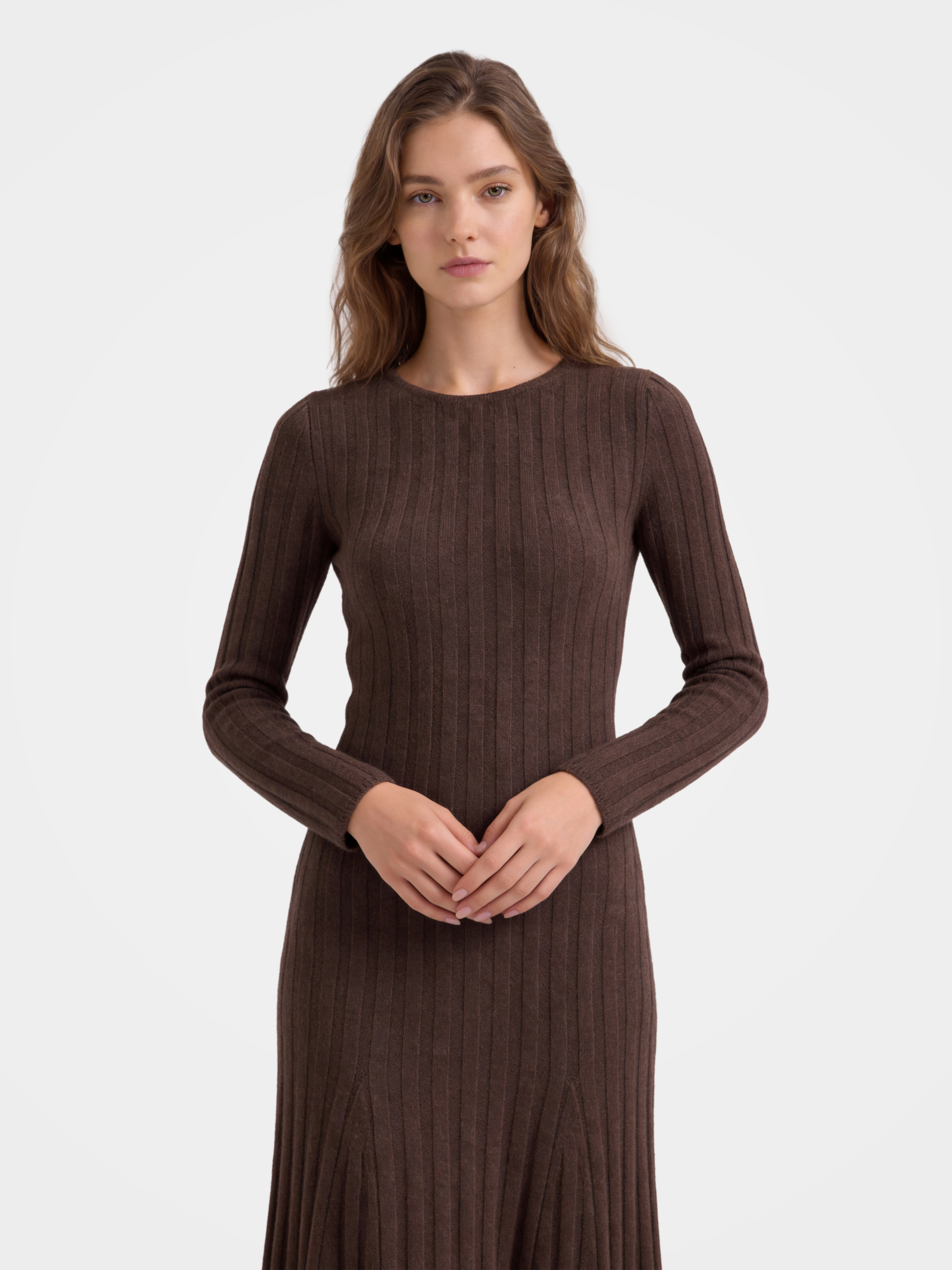 100% Mongolian Cashmere Rib Knit Midi Sweater Dress