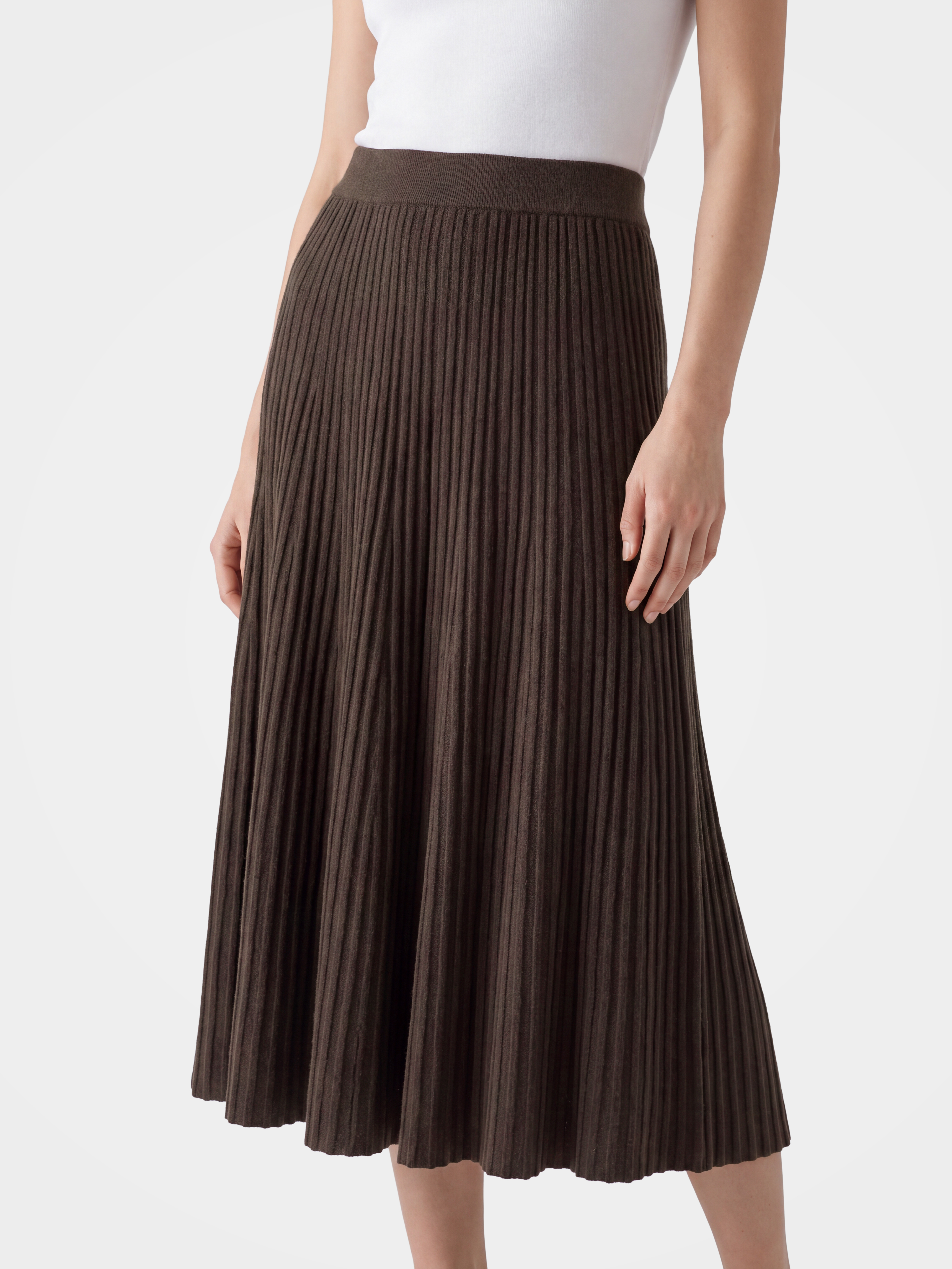 100% Mongolian Cashmere Rib Knit Pleated Midi Skirt