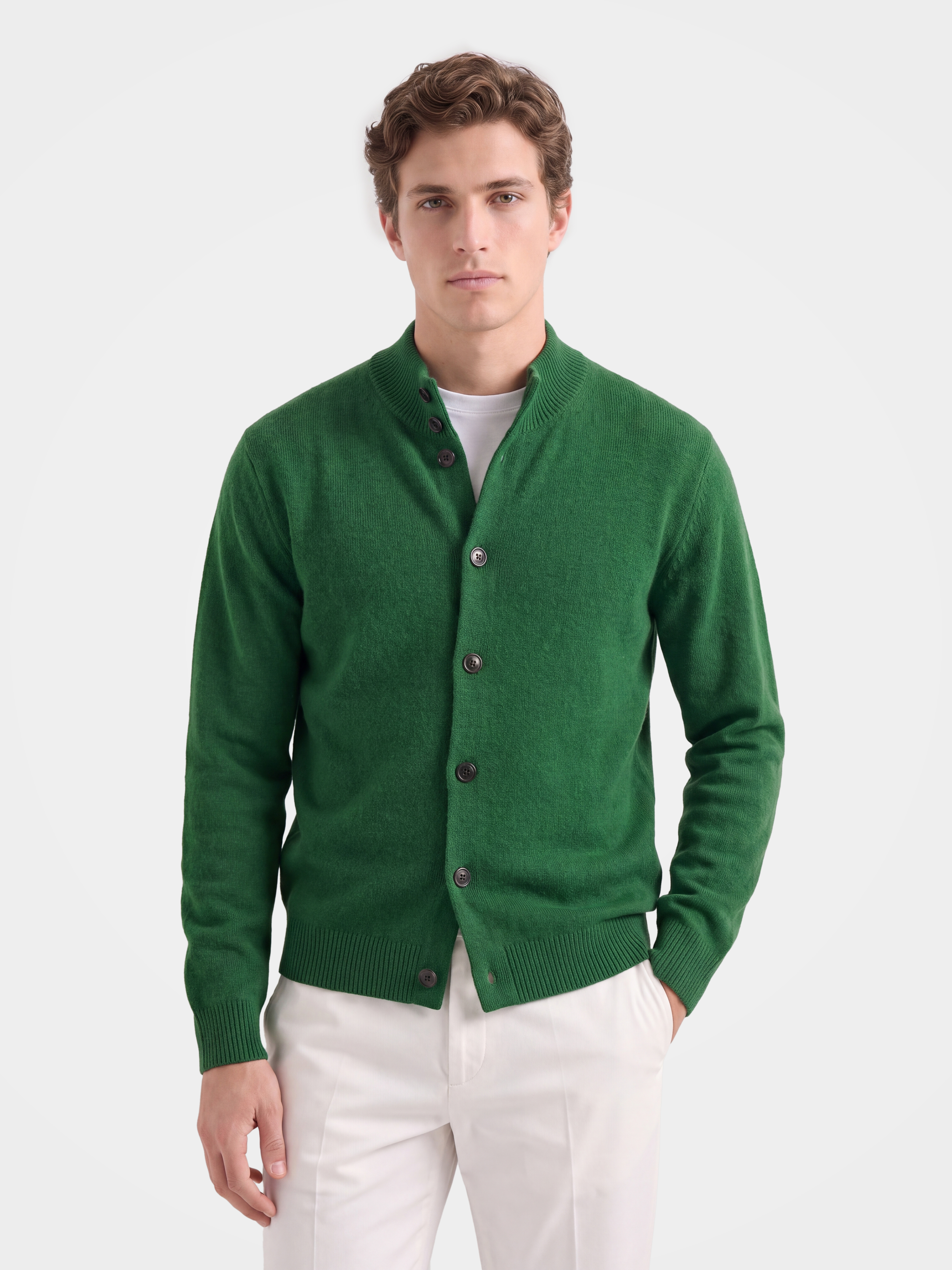 Men's 100% Wool Mock Neck Long Sleeve Cardigan Sweater