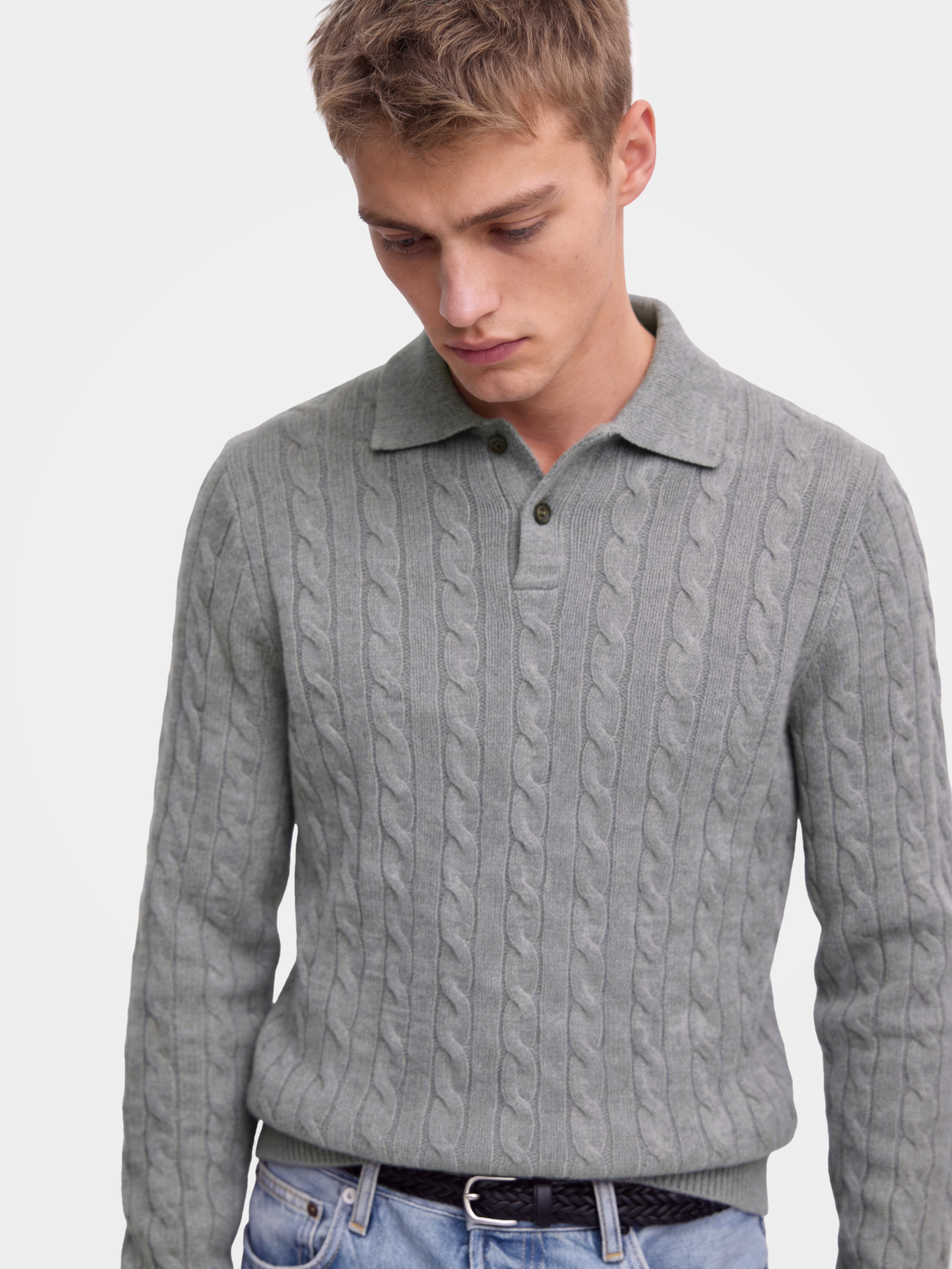 Pre-Order | Men's 100% Cashmere Cable Knit Polo Collar Sweater (10-14 Business Days)