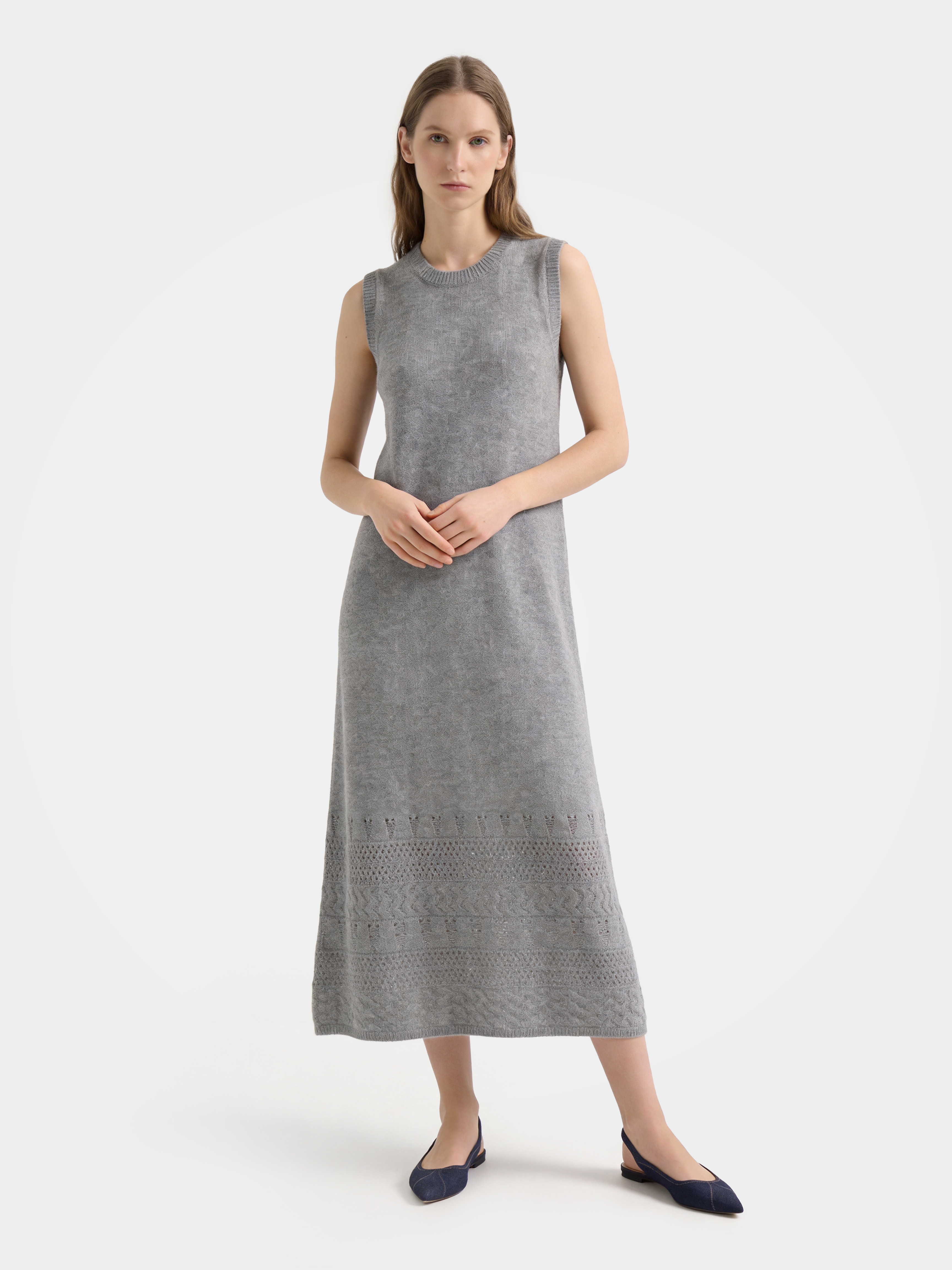 100% Cashmere Sleeveless Openwork Knit Midi Sweater Dress