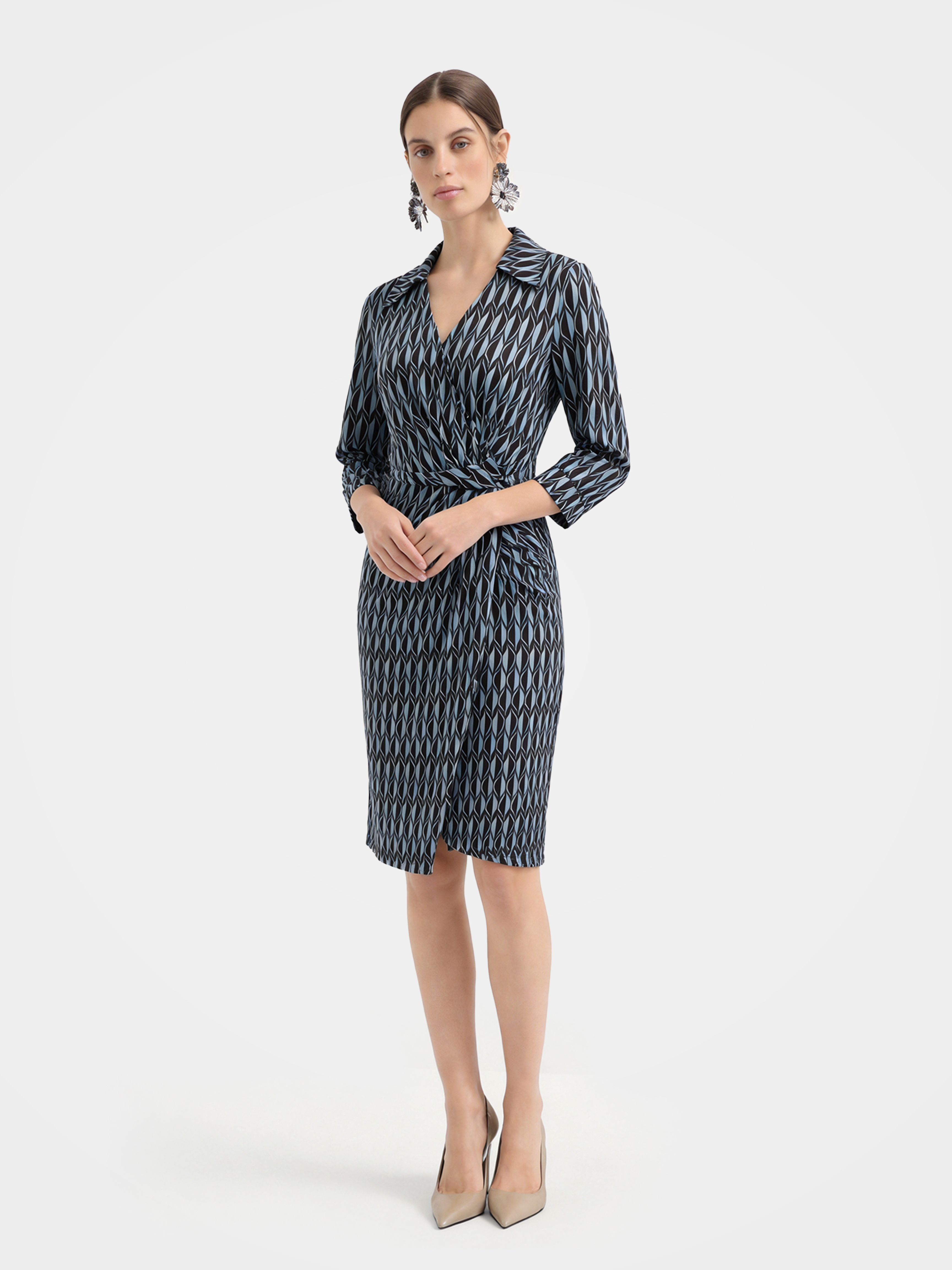 Luxury Mulberry Silk Geometric Wrap Midi Dress