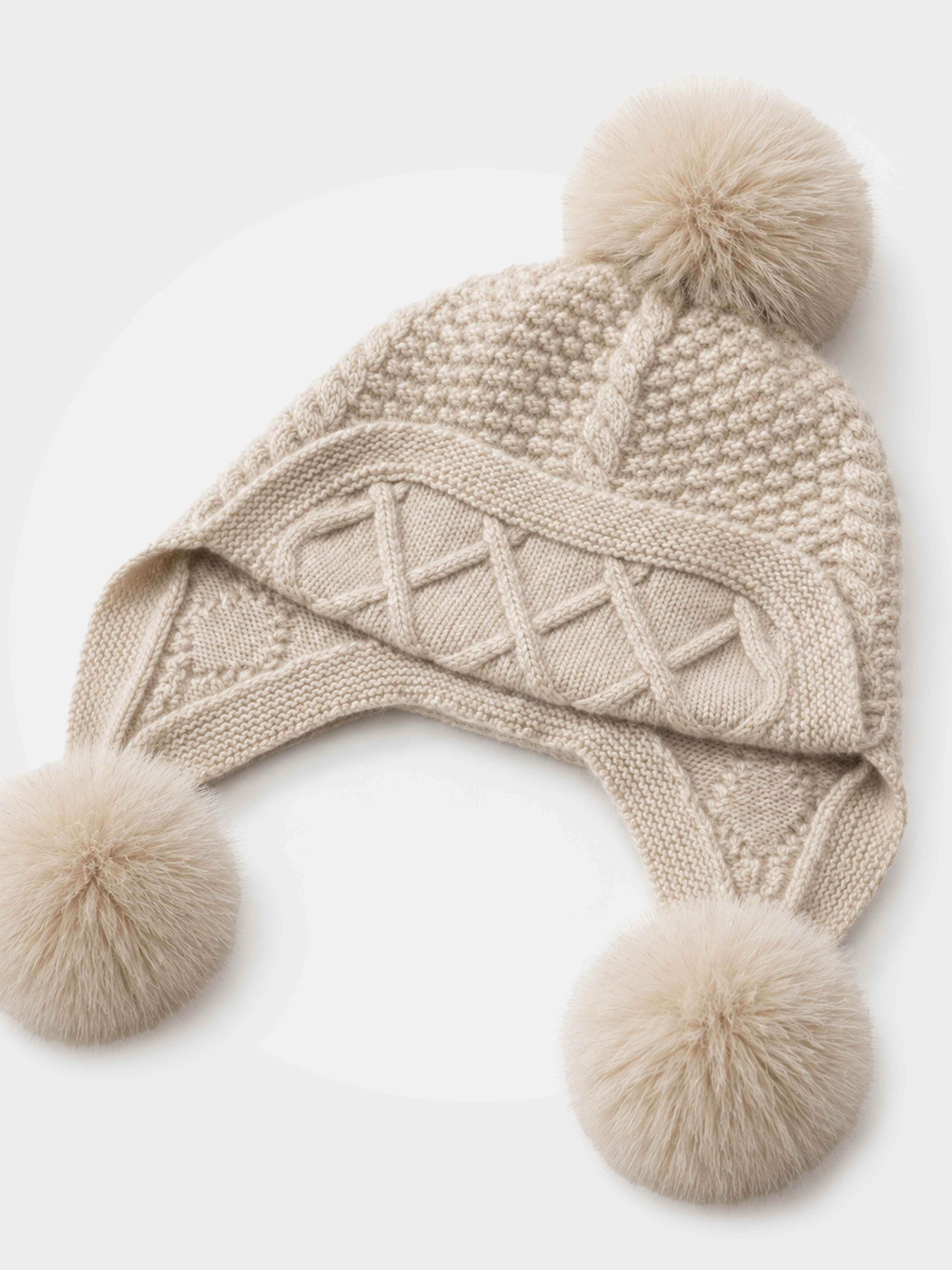 100% Cashmere Cable Knit Earflap Hat with Pom-Poms
