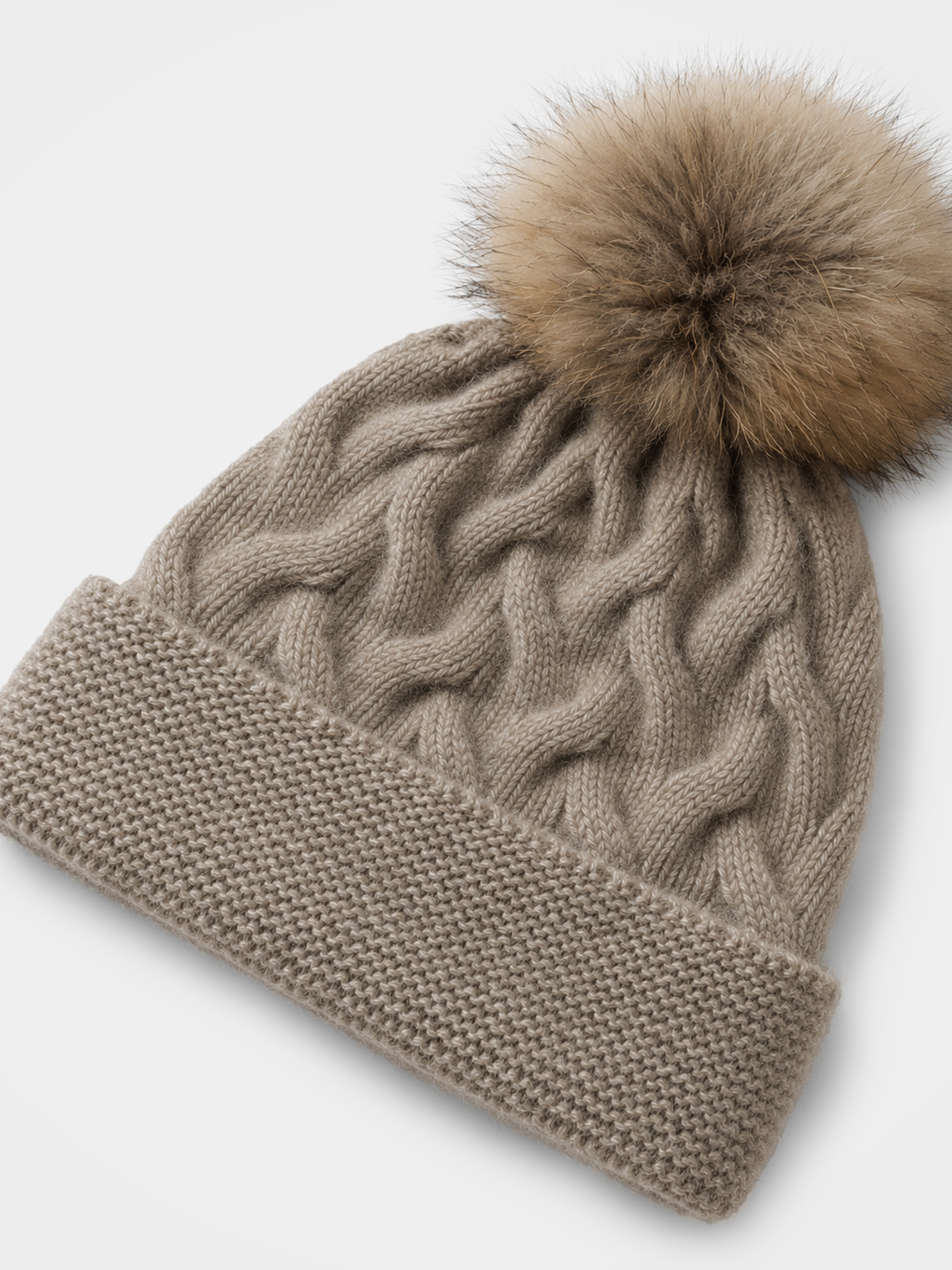 100% Cashmere Cable Knit Pom-Pom Beanie