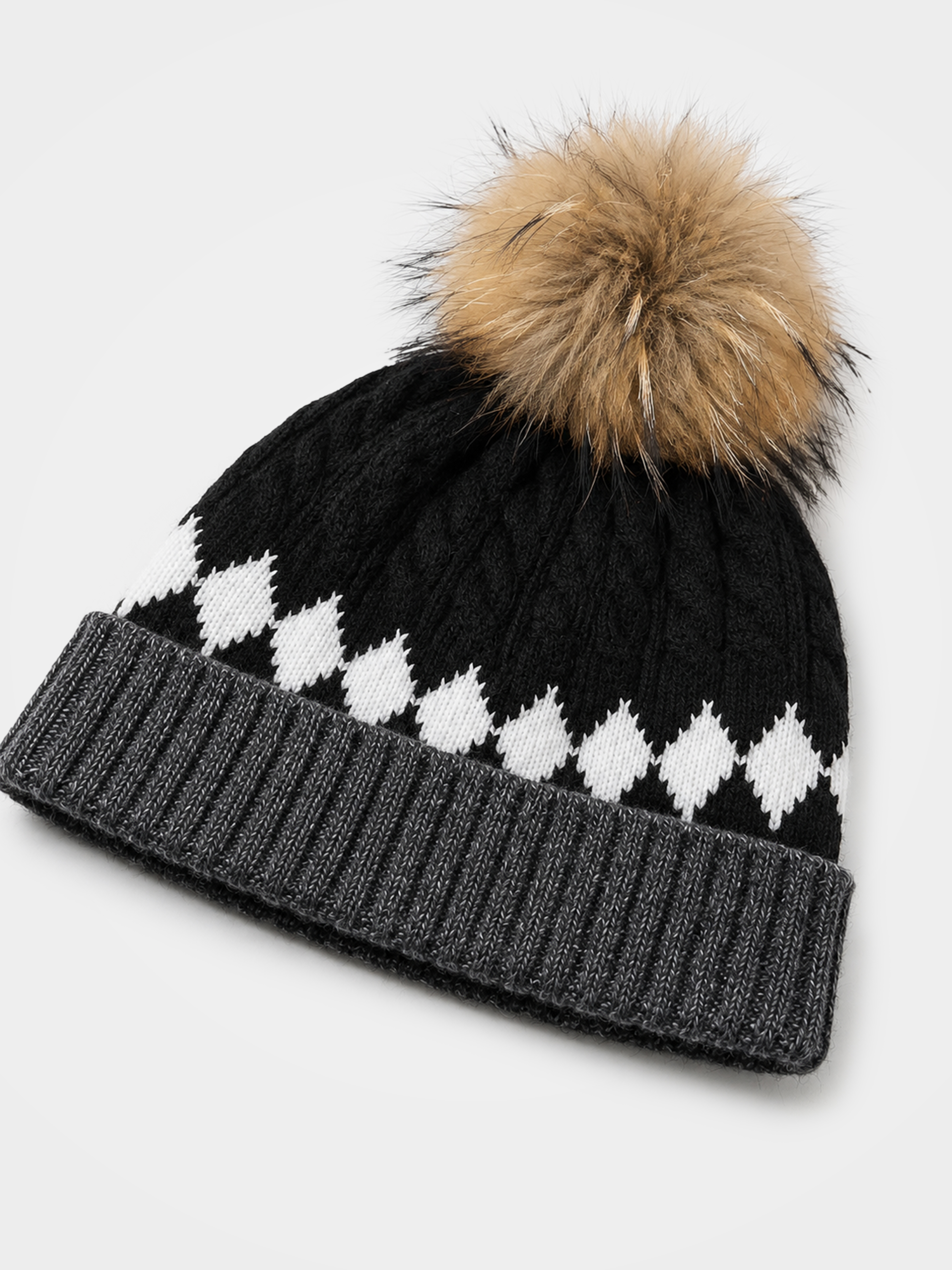 100% Cashmere Diamond Cable Knit Pom-Pom Beanie