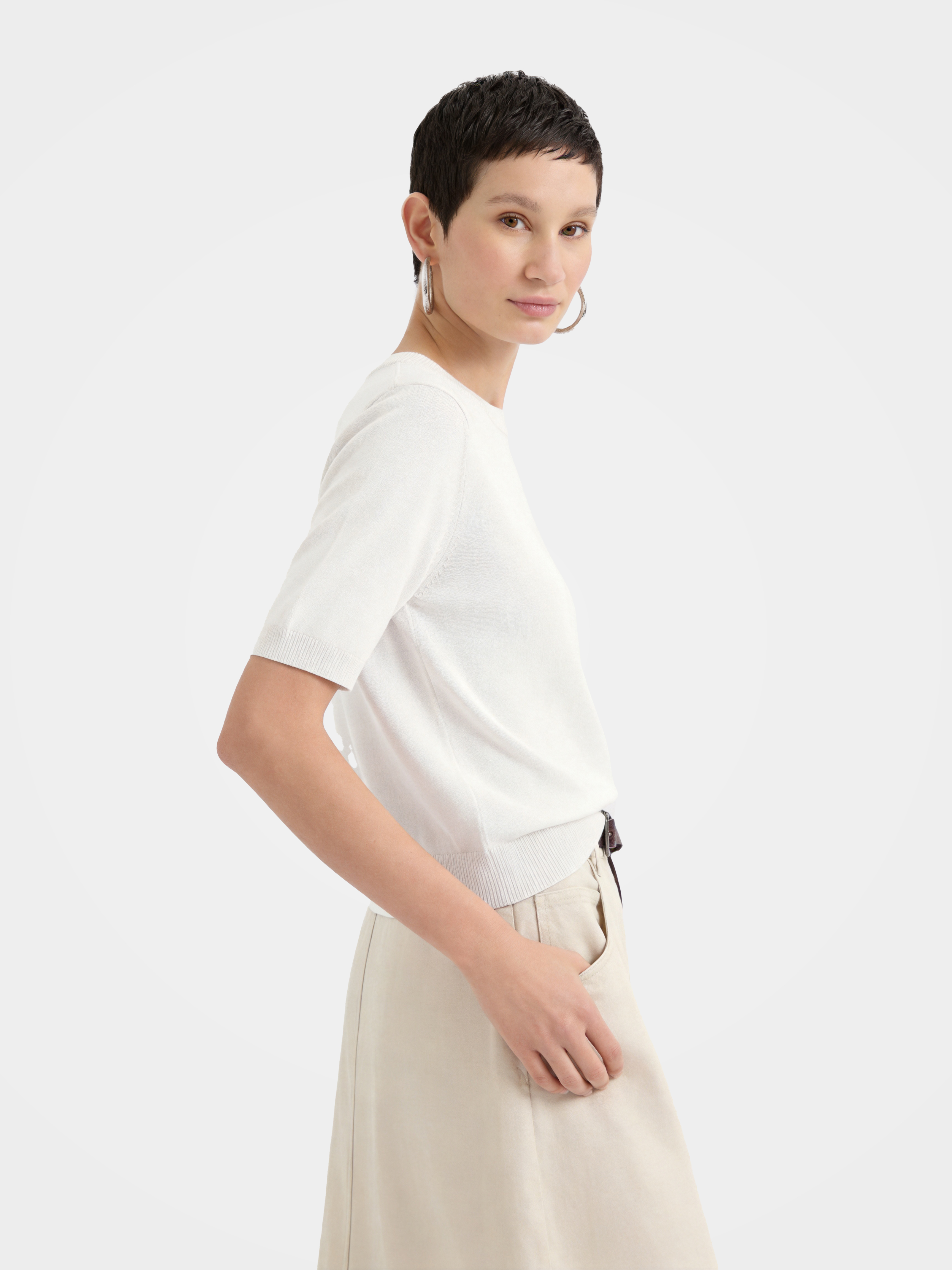 Cashmere Tencel Blend Soft & Lightweight Short Sleeve Knit Top – Crew Neck, Beige/Black/Gray