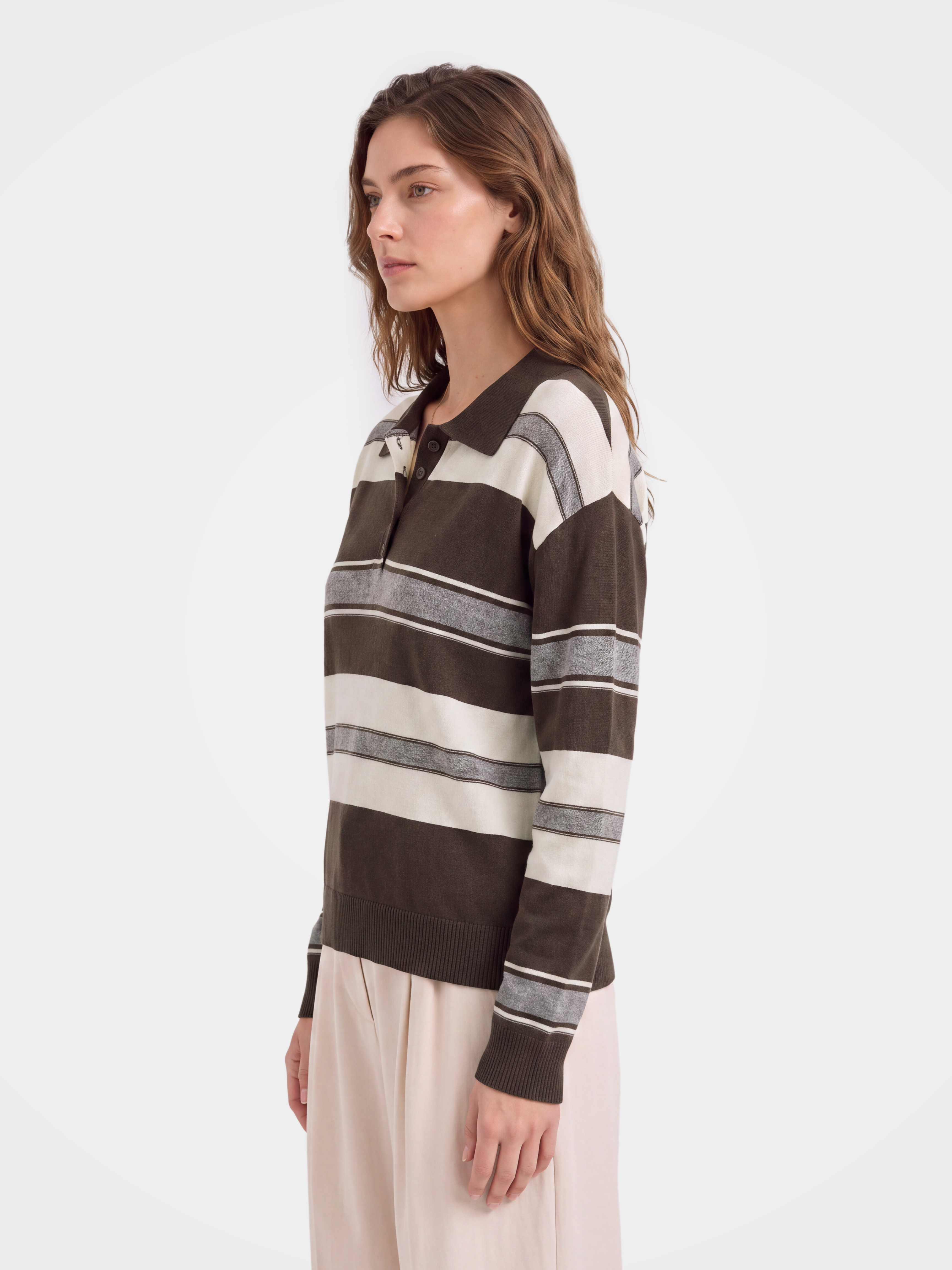 100% Cashmere Striped Polo Collar Long Sleeve Knit Sweater